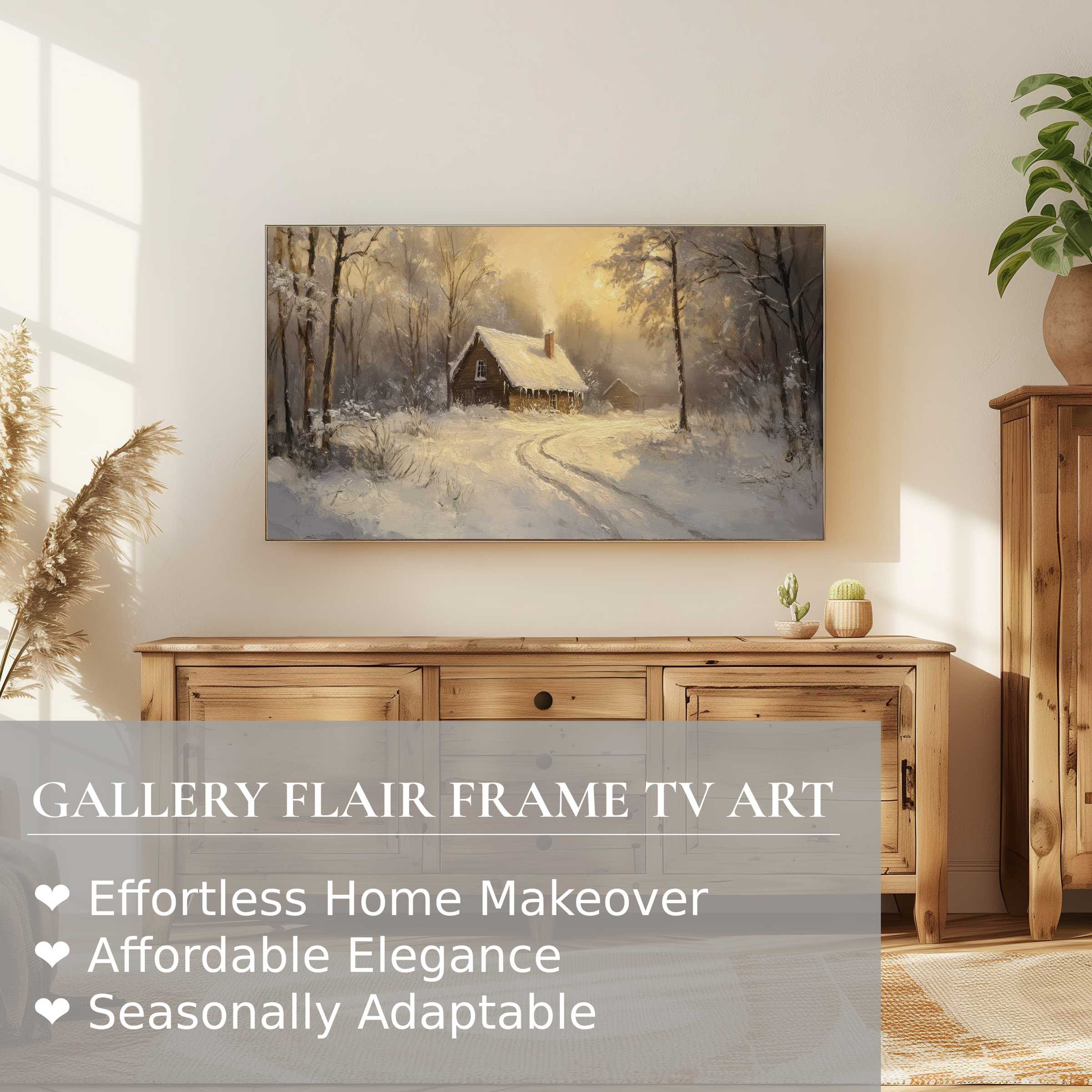 Elegant winter digital artwork displayed on Samsung Frame TV, blending cozy cabin ambiance with refined home decor
