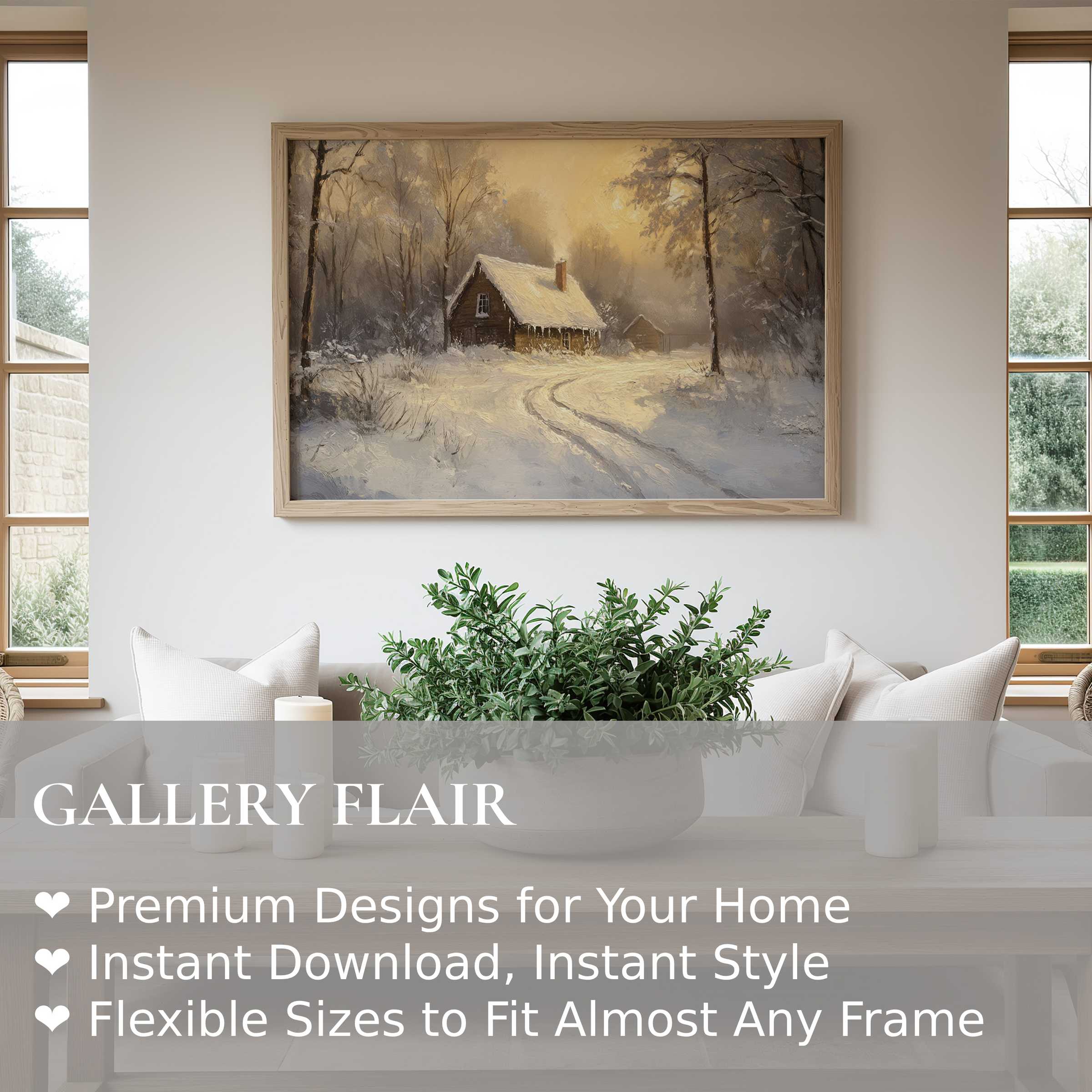 Winter wall art print featuring a serene snow-covered cabin bathed in warm light, enhancing modern rustic interiors with calming charm