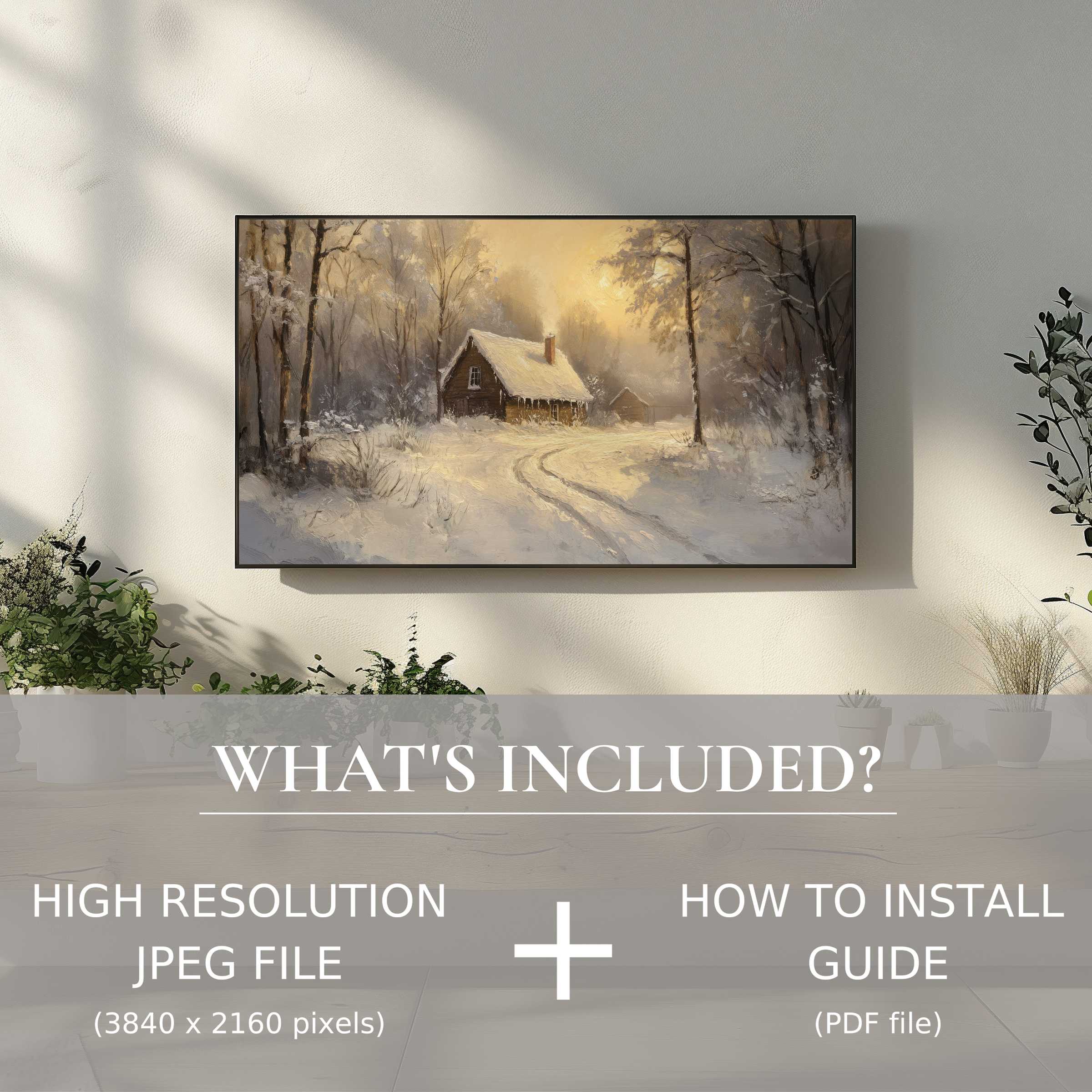 Elegant winter digital TV art download with easy use, enriching your living space with cozy, modern charm