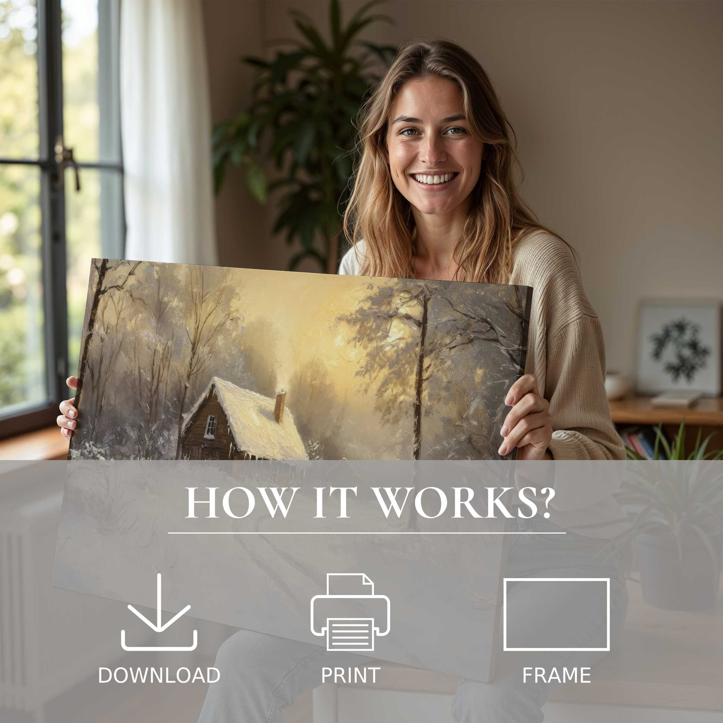 Radiant joy in a modern home as winter digital art print transforms space with serene, timeless elegance and warmth