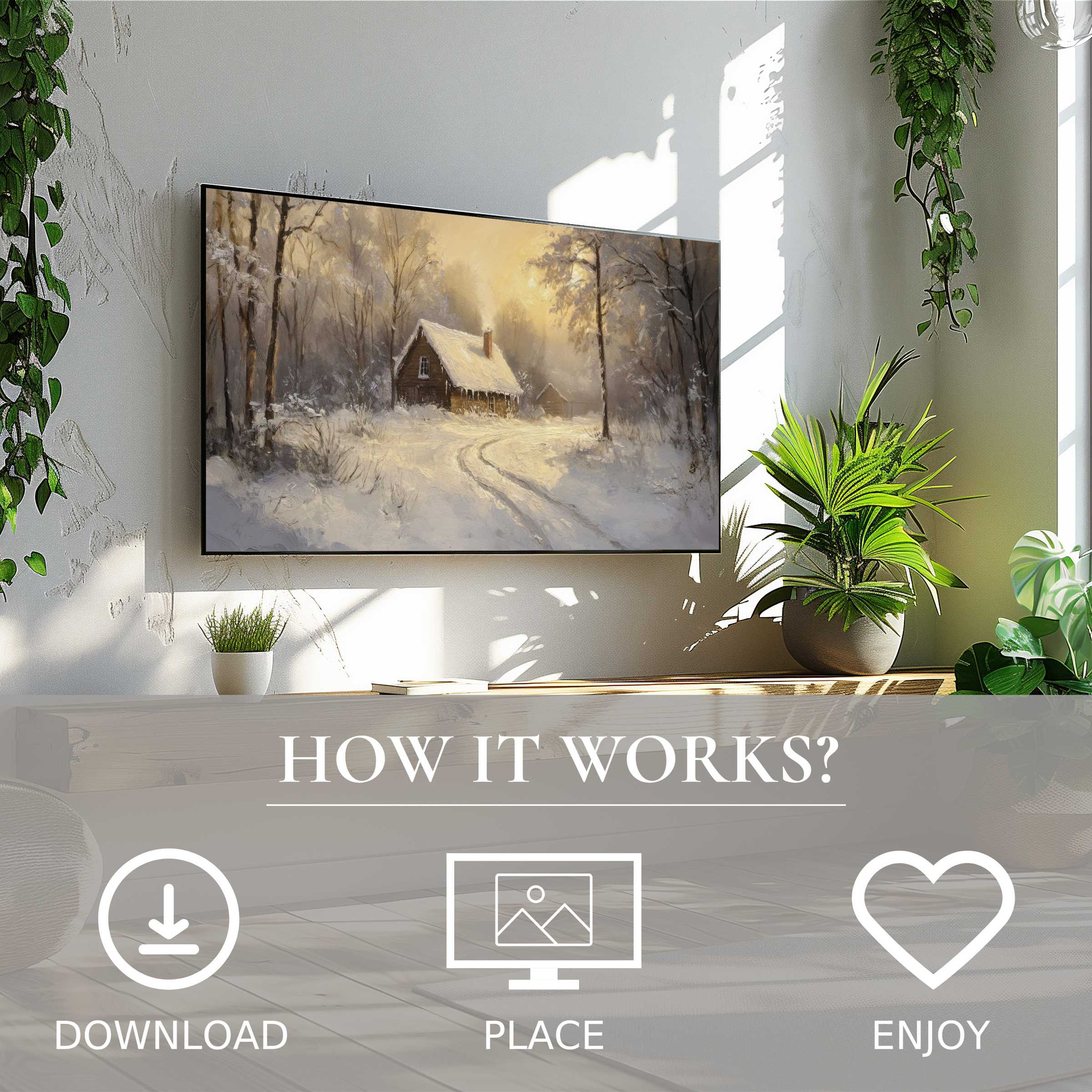 Winter art for Samsung TV shows a cozy snowy cabin with soft sunset tones, perfect for easy digital decor