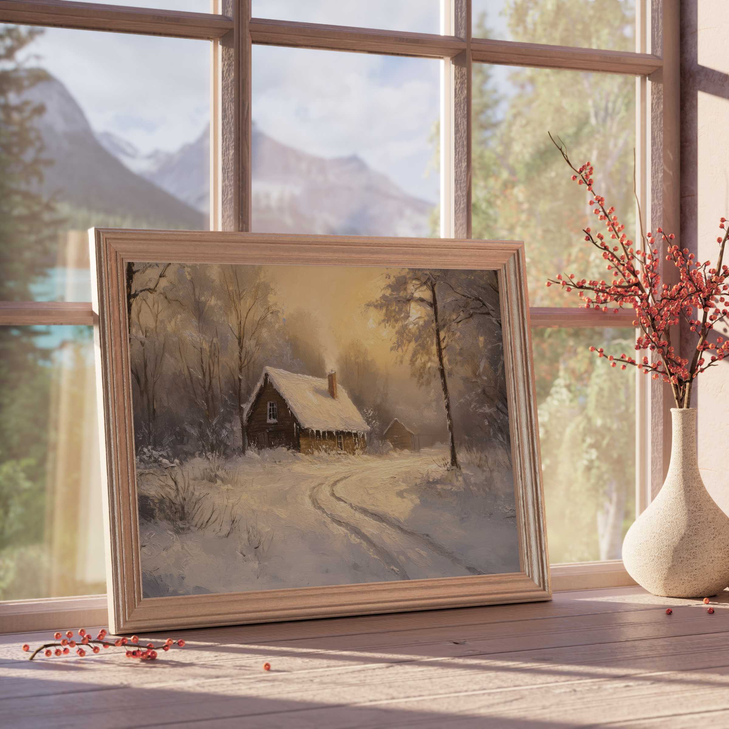 Winter downloadable art capturing a serene snow-covered cabin with warm light, perfect for elevating curated, tranquil interiors