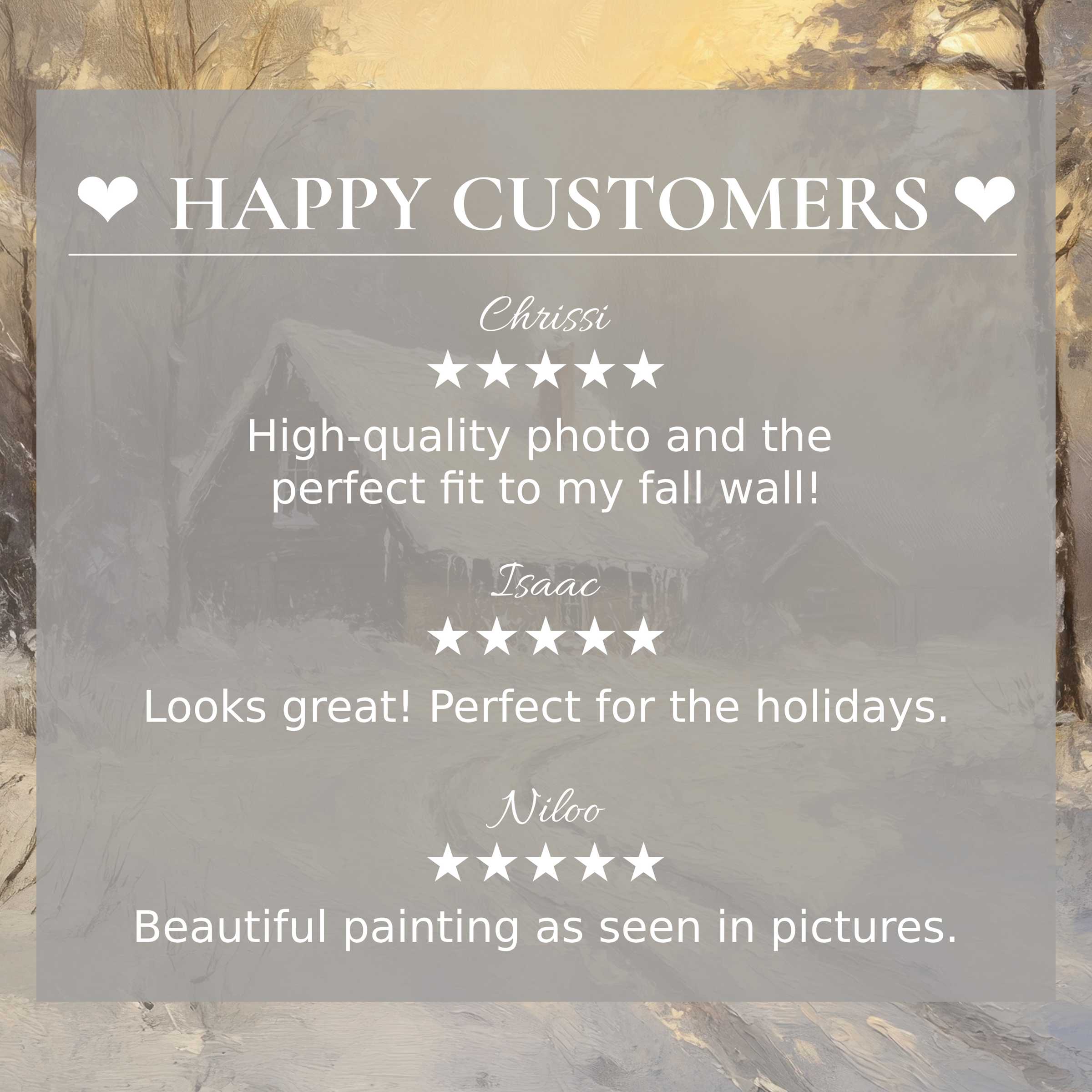 Elegant winter art for Frame TV with warm cabin scene and happy customer reviews inspiring trust and style