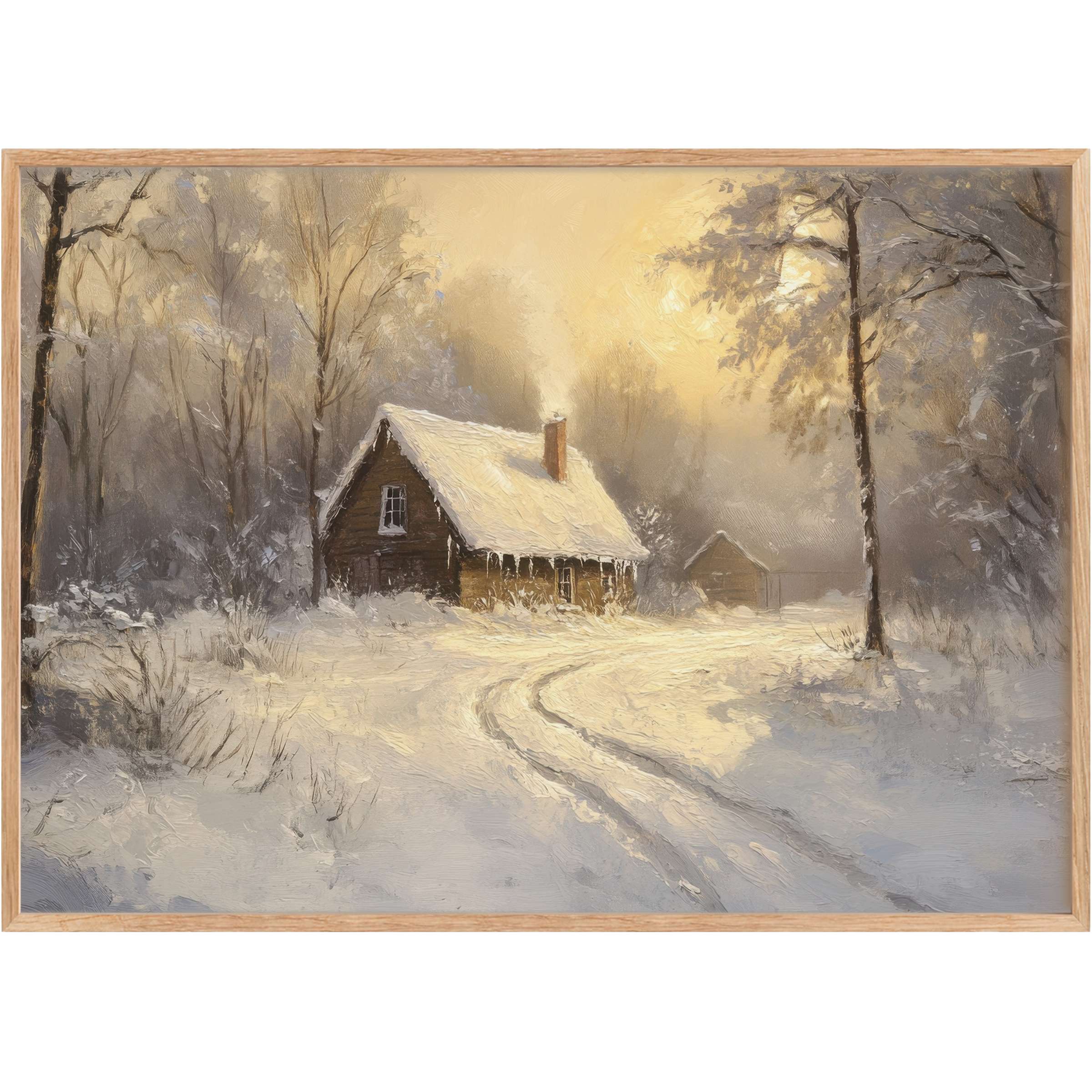 Winter printable wall art capturing a serene snow-covered cabin at dusk, glowing amber light evokes warmth and tranquil elegance