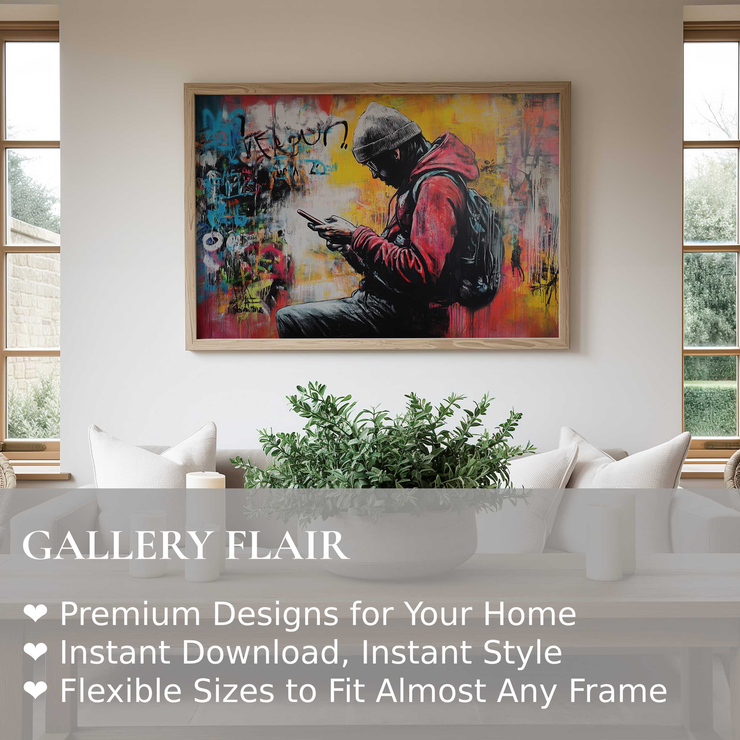 Bold street art wall art print featuring a contemplative figure in vibrant urban colors, enhancing modern minimalist living spaces with dynamic energy