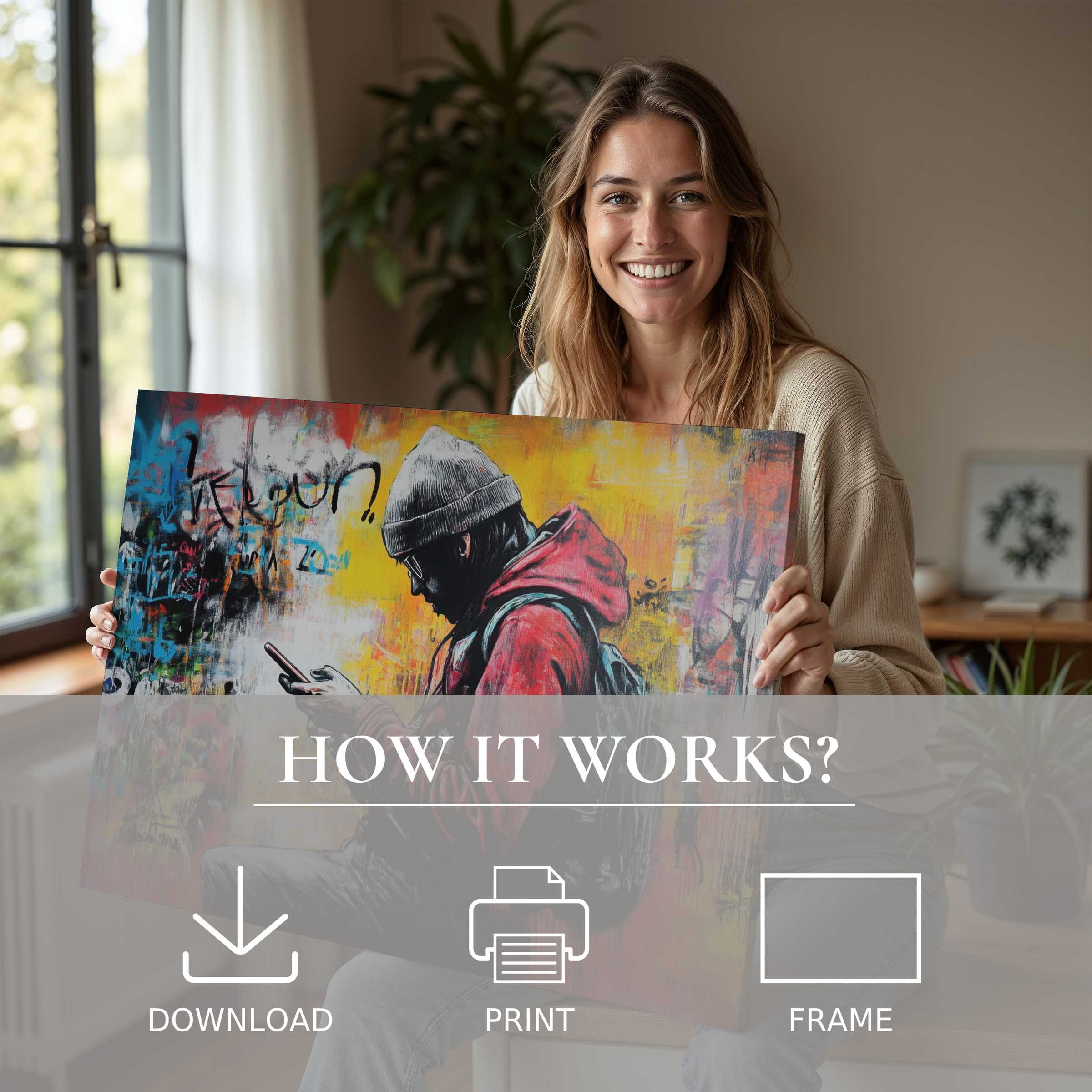 A joyful moment in a modern home where vibrant street art digital art print brings warmth and effortless style to living spaces