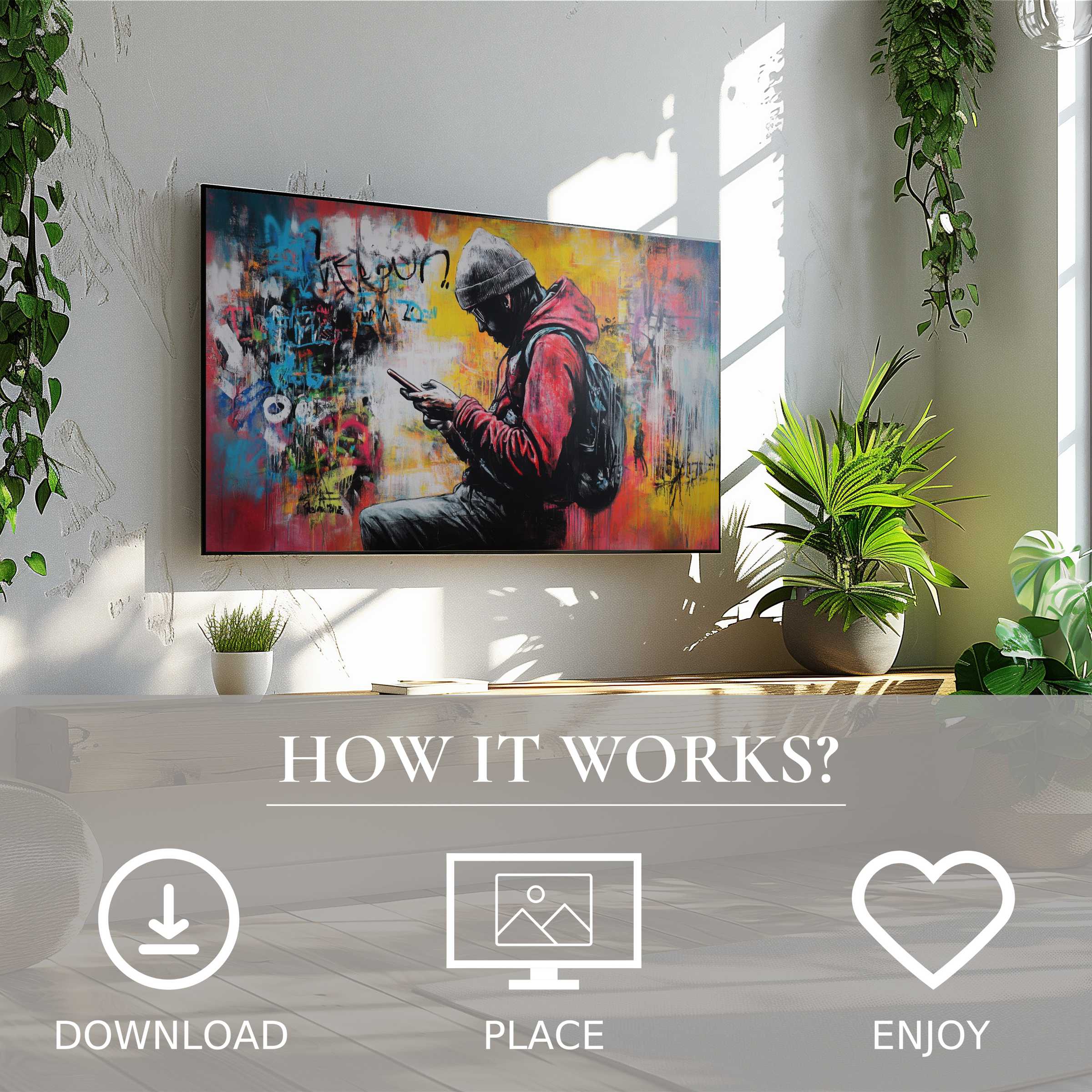 Street art for Samsung TV with vibrant urban motif, easy digital download enriches modern living spaces with bold color flow