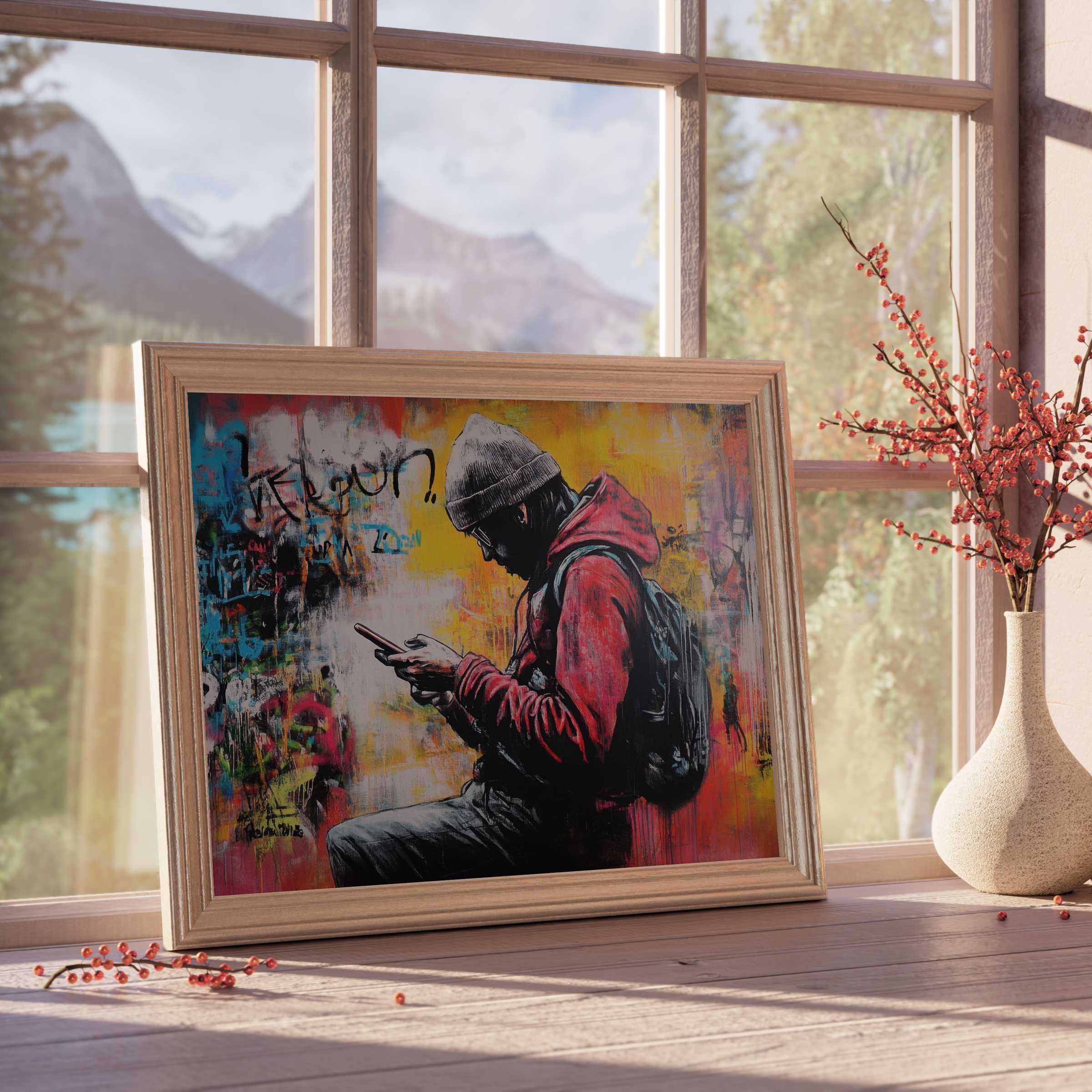 Urban street art downloadable art, capturing a vibrant, introspective vibe that enriches curated, tranquil interiors with color and edge