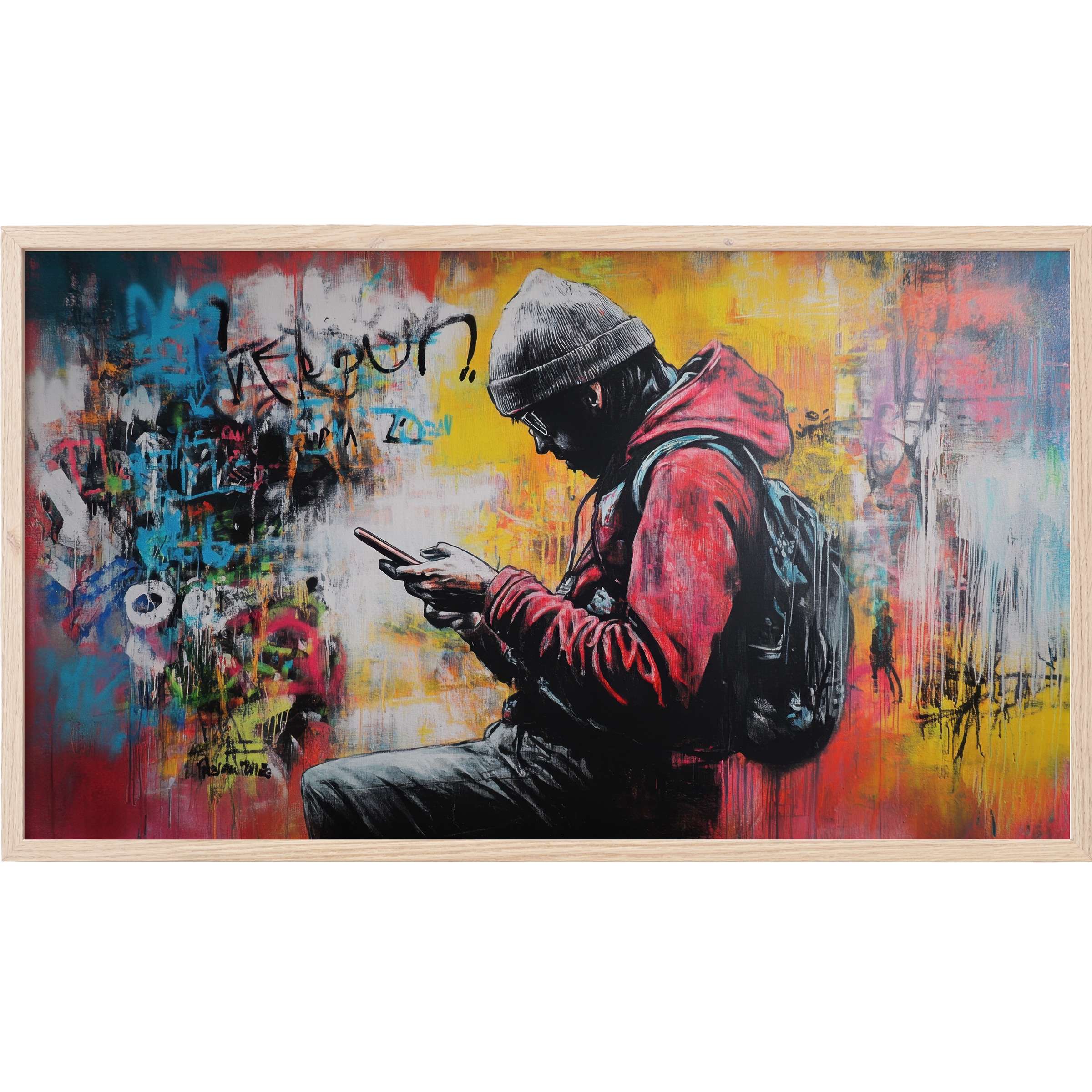 Urban silhouette in red and gray hues against vibrant graffiti backdrop, a striking street art Frame TV Art