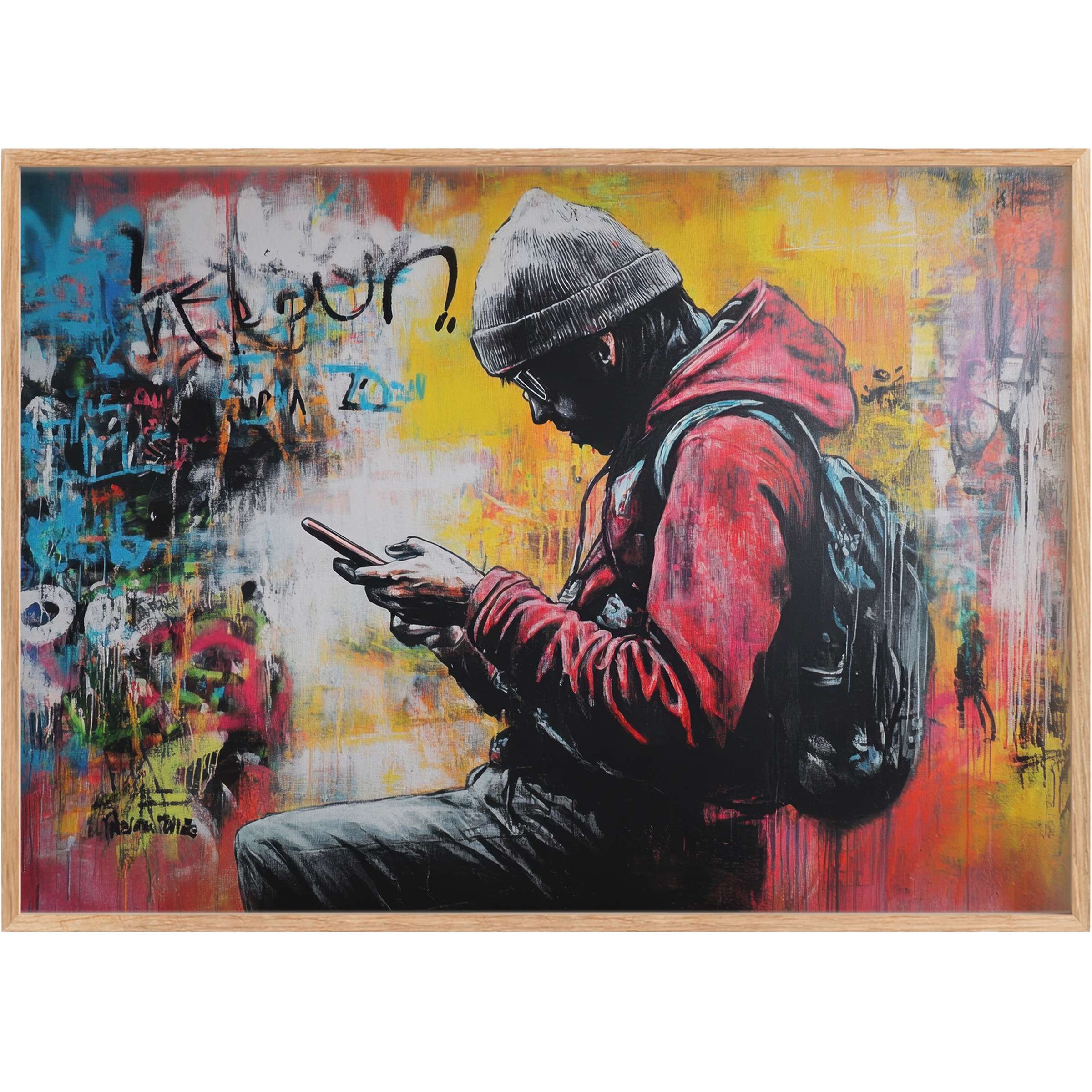 Bold street art printable wall art captures urban solitude with vibrant reds, yellows, and blues, evoking thoughtful introspection