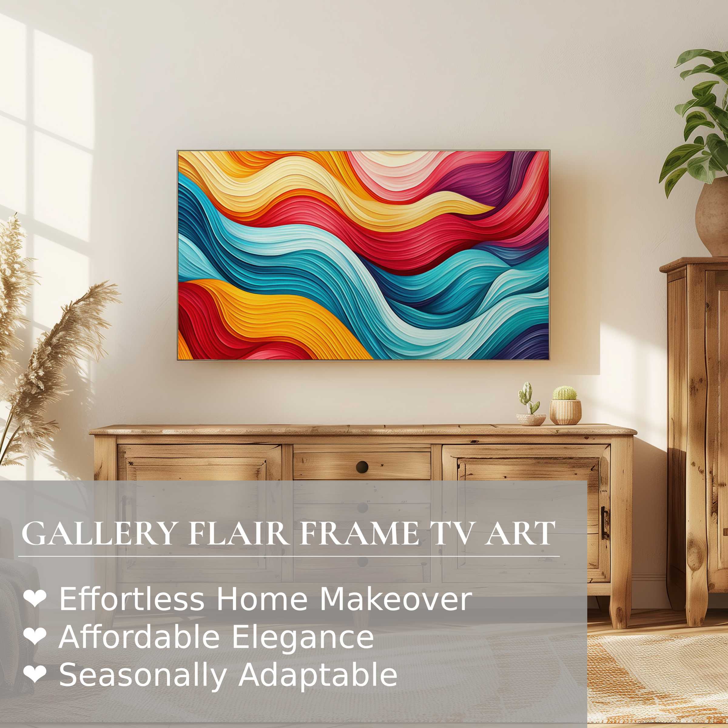 Samsung Frame TV displays vibrant modern digital artwork in a sunlit, elegant living room setting with natural wood tones