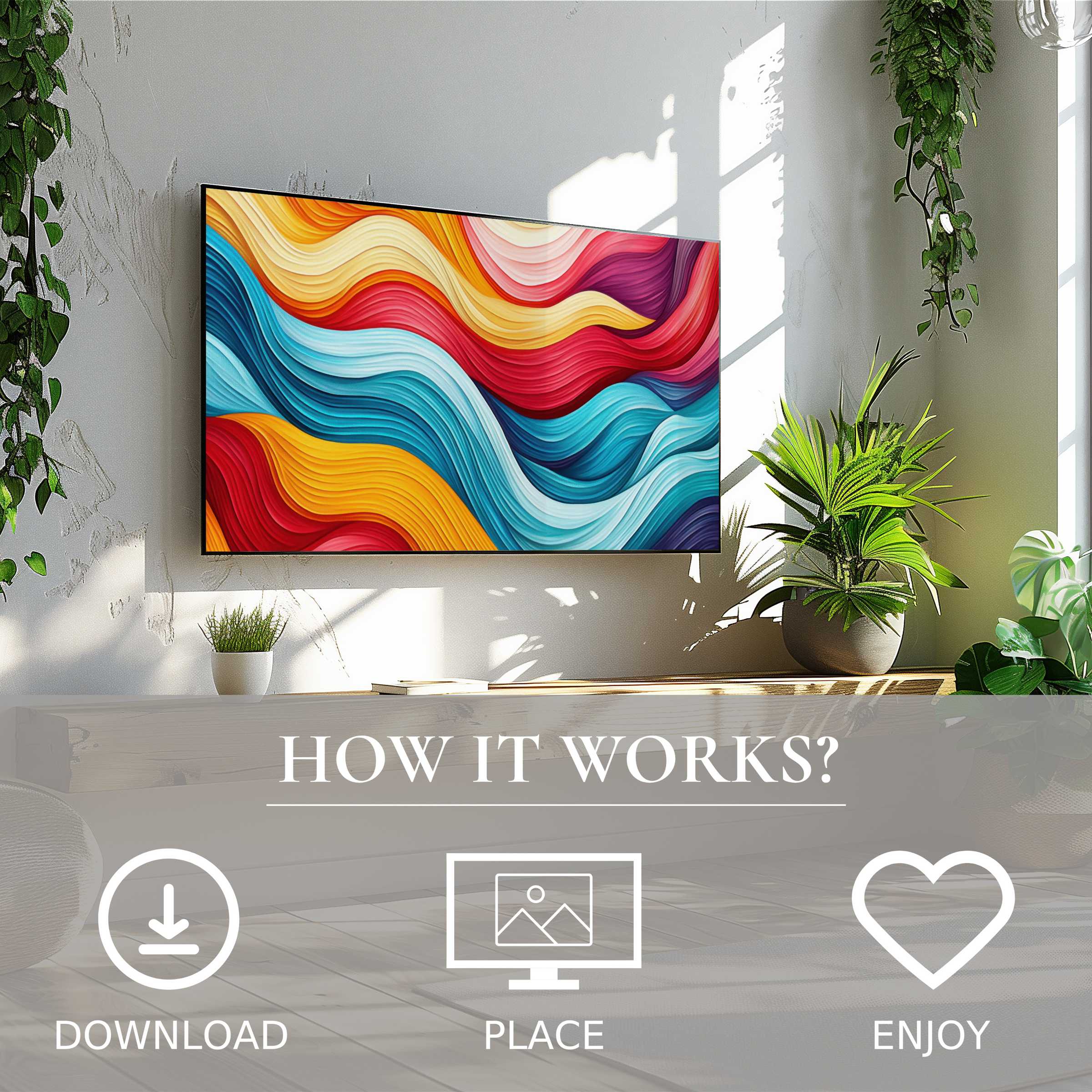 Modern art for Samsung TV shows vibrant color flow motif, easy digital download, enriching minimalist green living spaces