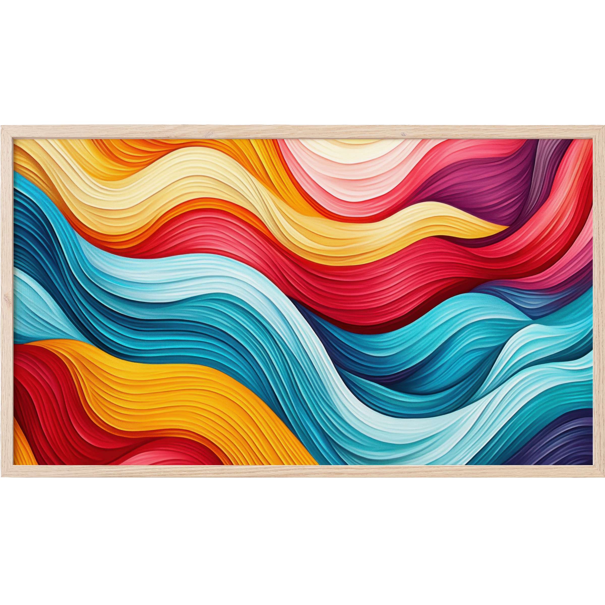 Vibrant modern Frame TV Art with flowing waves in rich blues, reds, yellows, and purples, elegant and dynamic