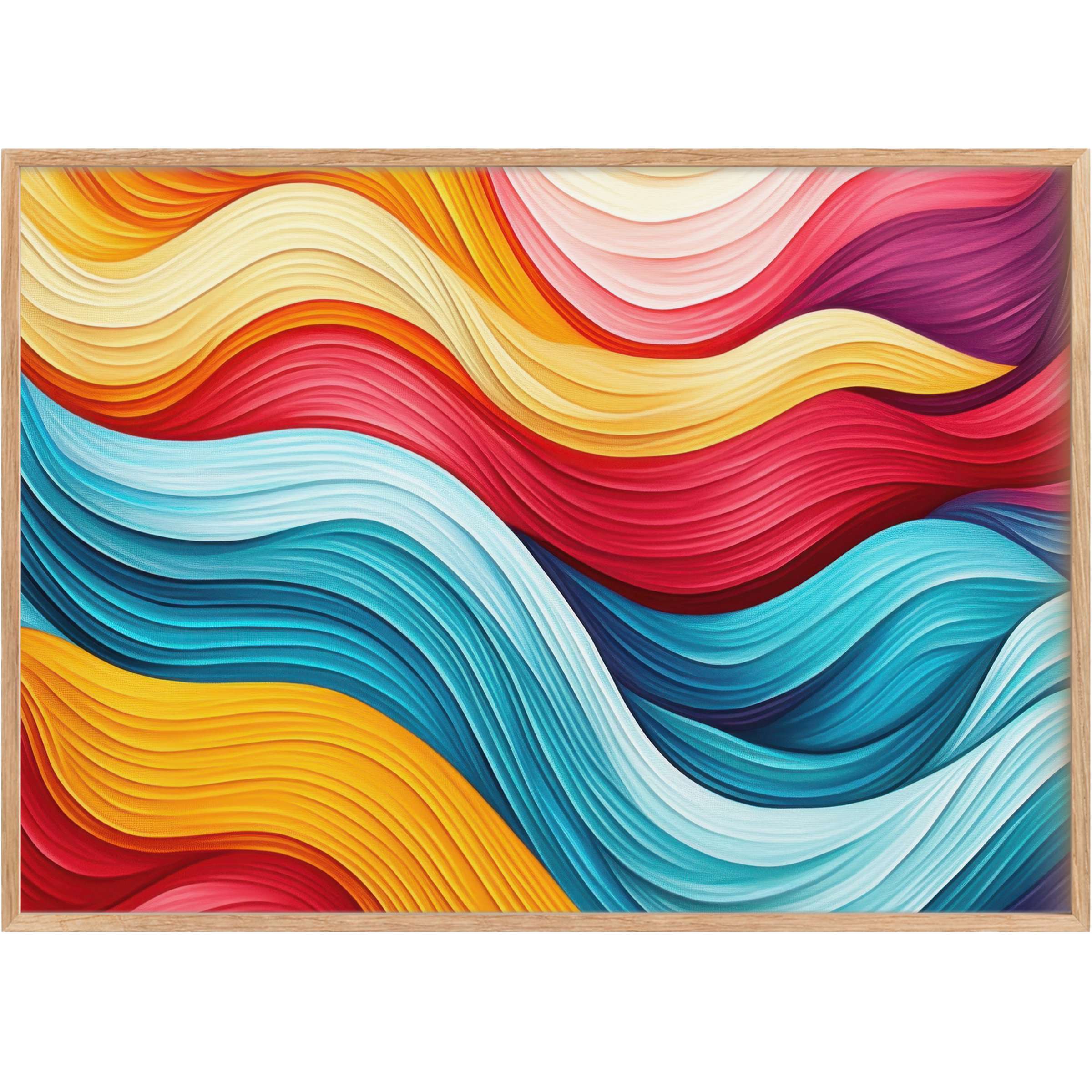 Vibrant modern printable wall art with flowing waves in fiery reds, warm yellows, and cool blues, igniting energy and balance