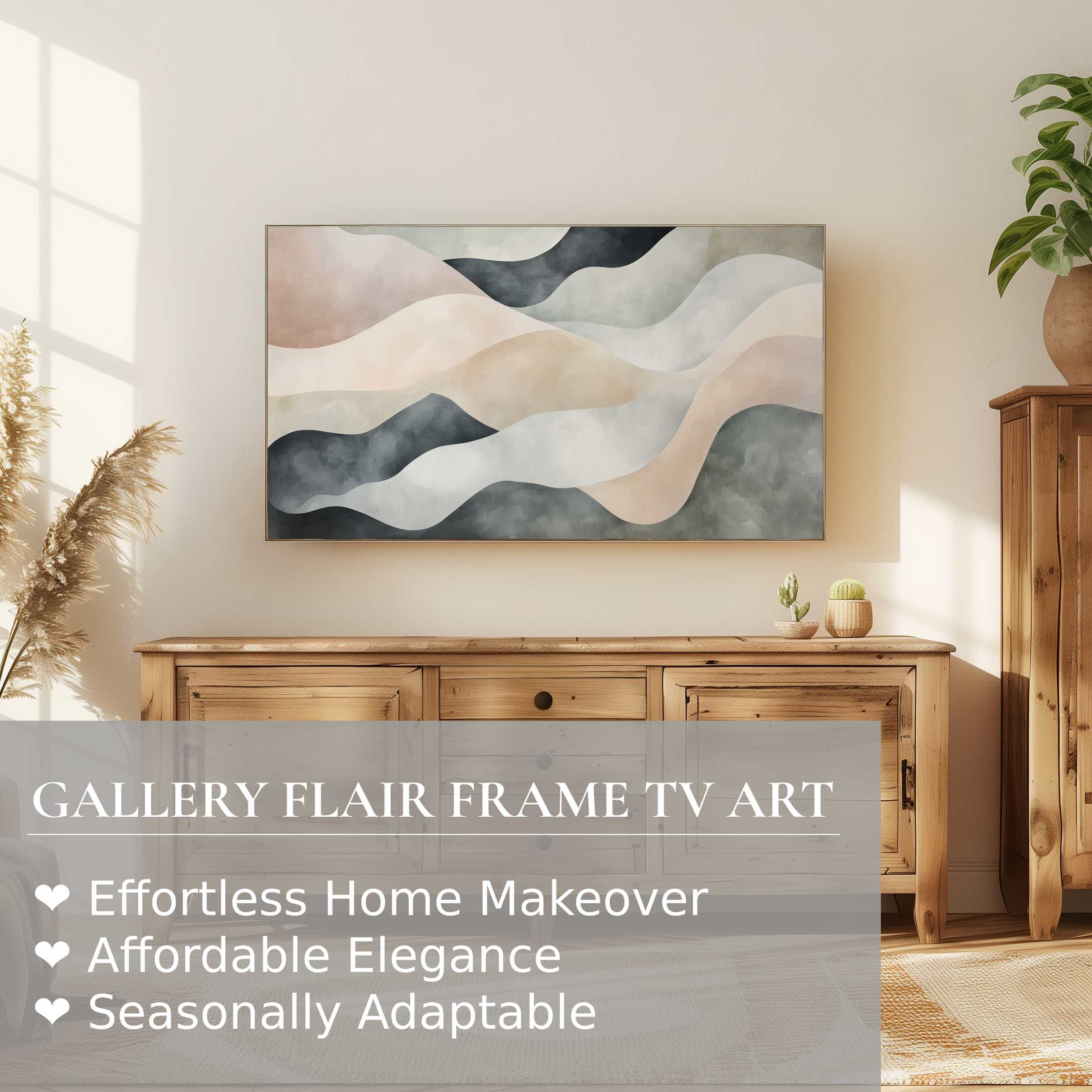 Samsung Frame TV showcasing abstract digital artwork in neutral tones, adding elegant modern flair to refined home decor