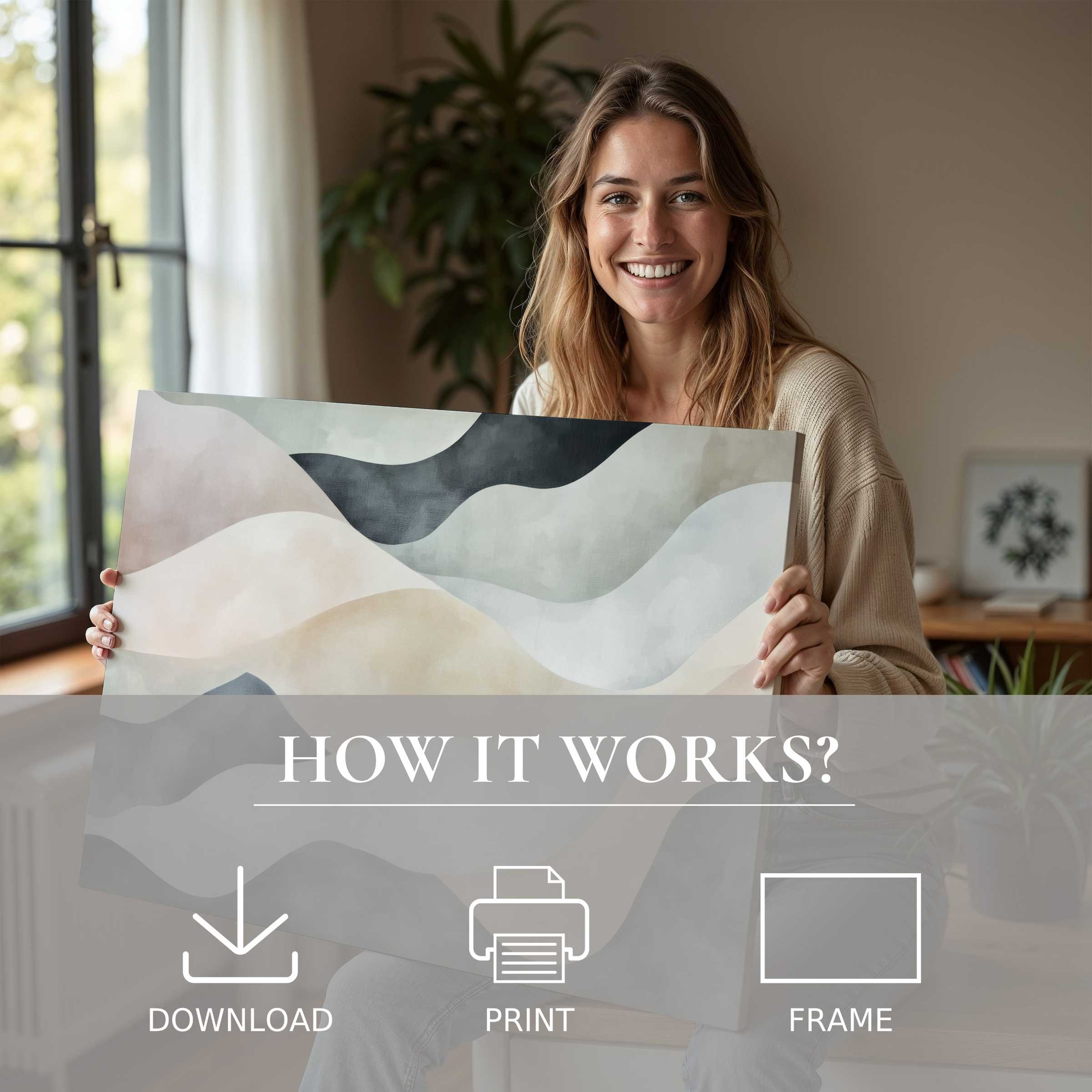 A serene moment of joyful connection with a soothing abstract digital art print, elevating modern living spaces with effortless elegance