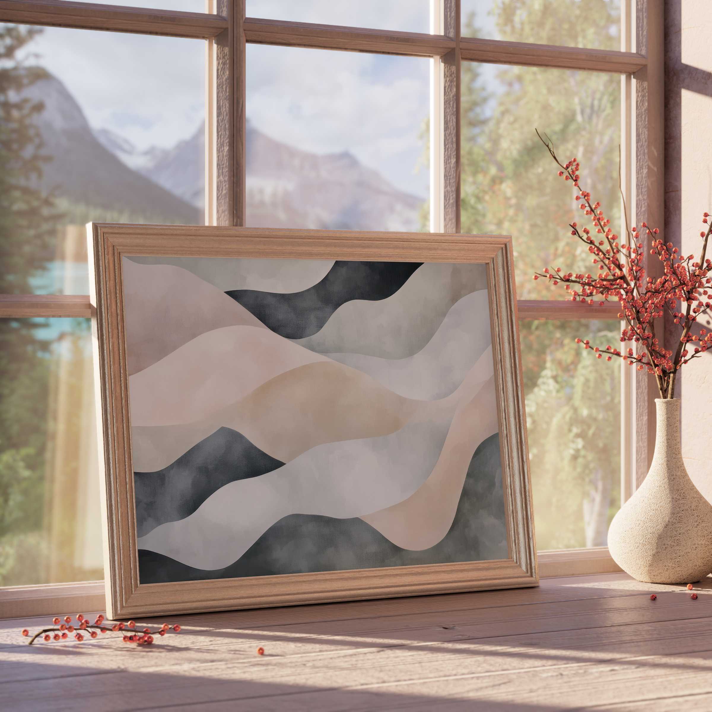 Serene abstract downloadable art with flowing neutral waves, enhancing tranquil modern interiors and curated premium decor