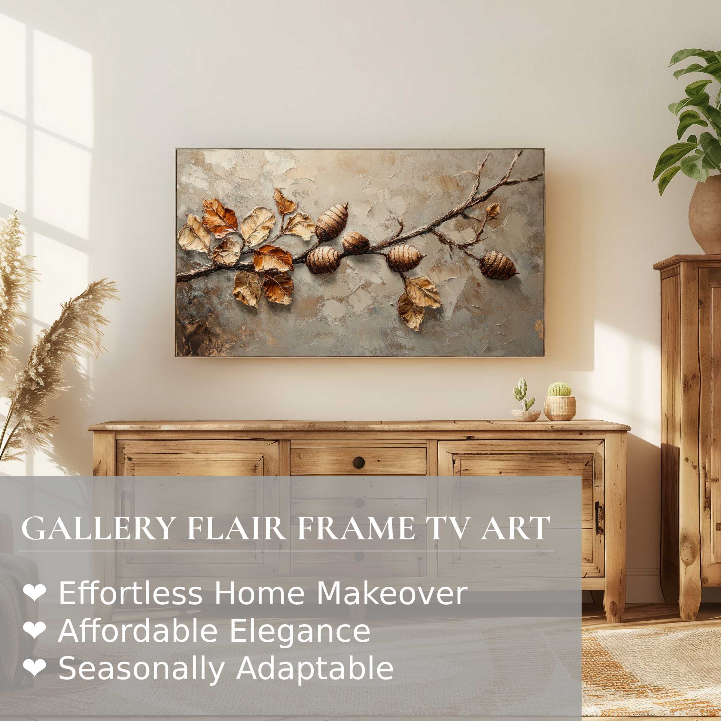 Samsung Frame TV displaying textured tree digital artwork, blending rustic charm with modern elegance in a serene setting