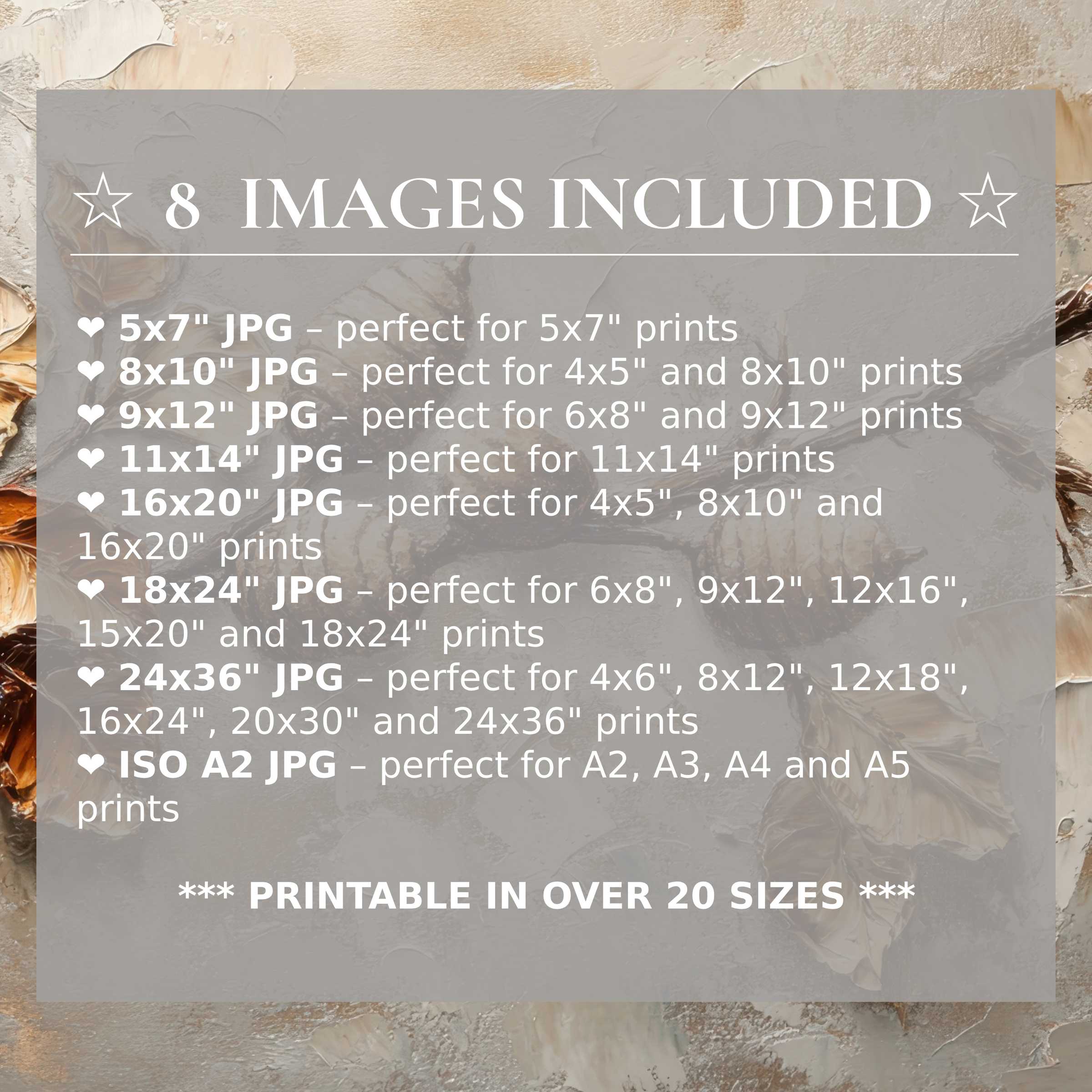 Print size guide showing 8 included JPG formats for versatile wall art printing – perfect for framing in popular sizes from 5x7 to 24x36 and A2