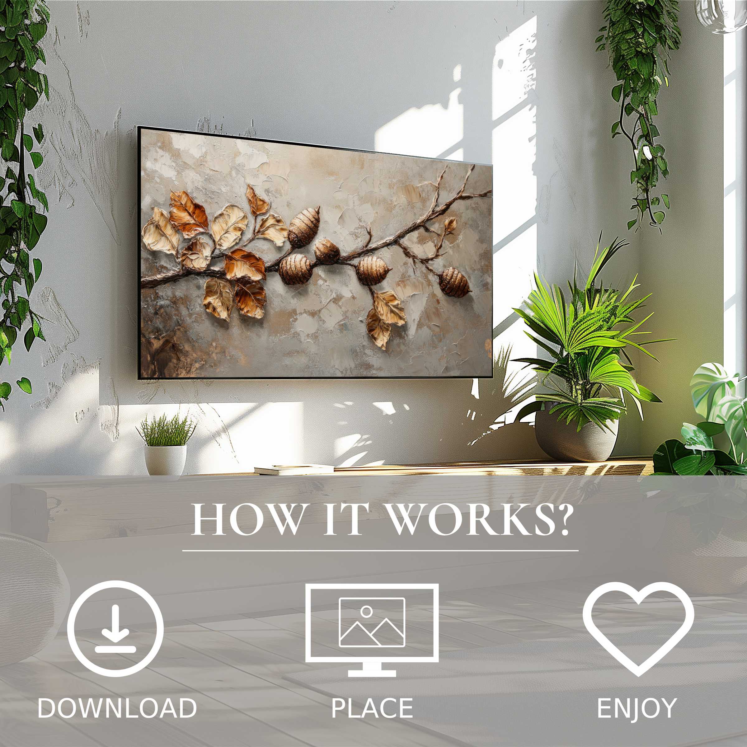 Tree art for Samsung TV featuring warm autumn tones; easy digital download enhances bright, modern living spaces
