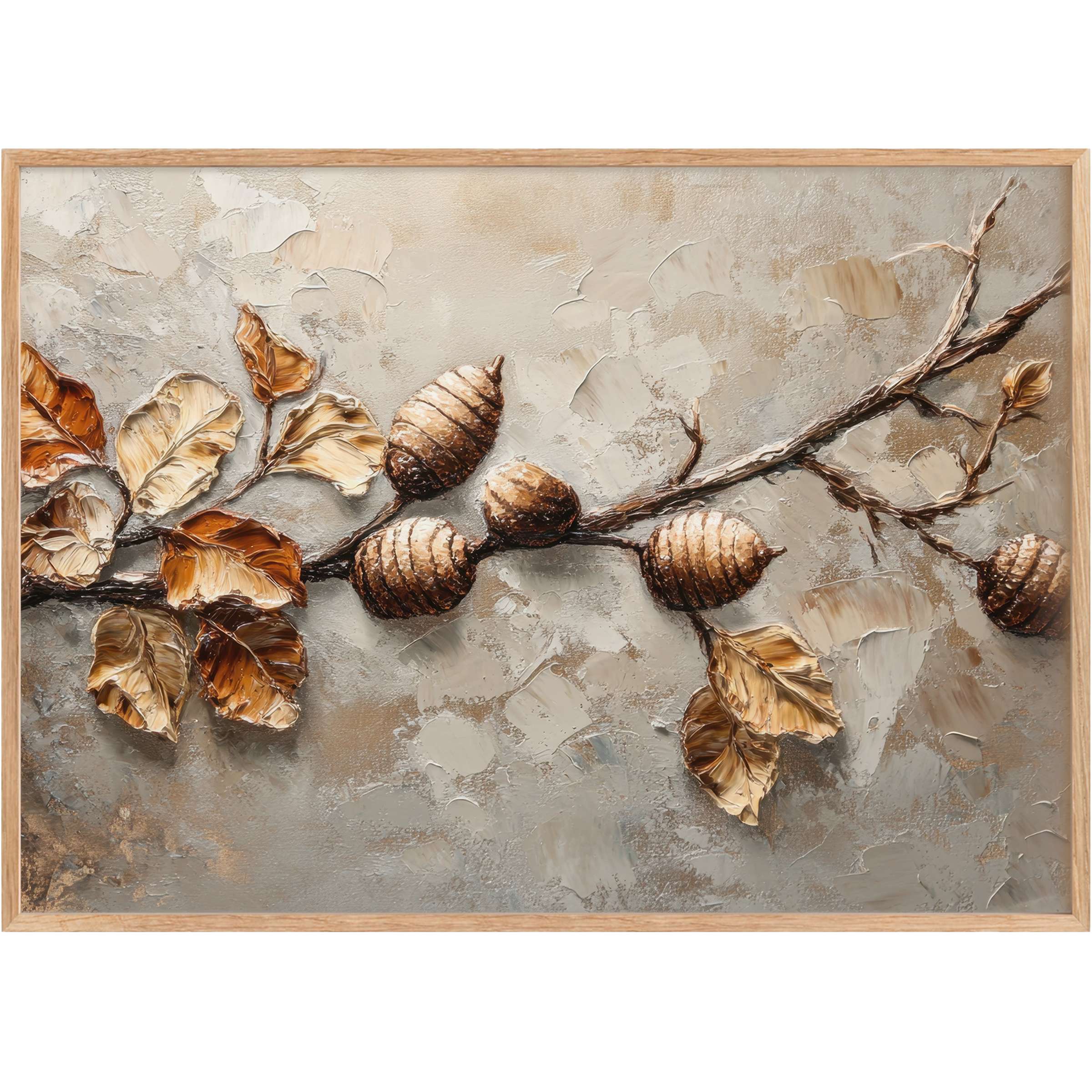 Elegant tree printable wall art with golden leaves and pinecones, evoking a warm, tranquil ambiance in soft beige and bronze tones