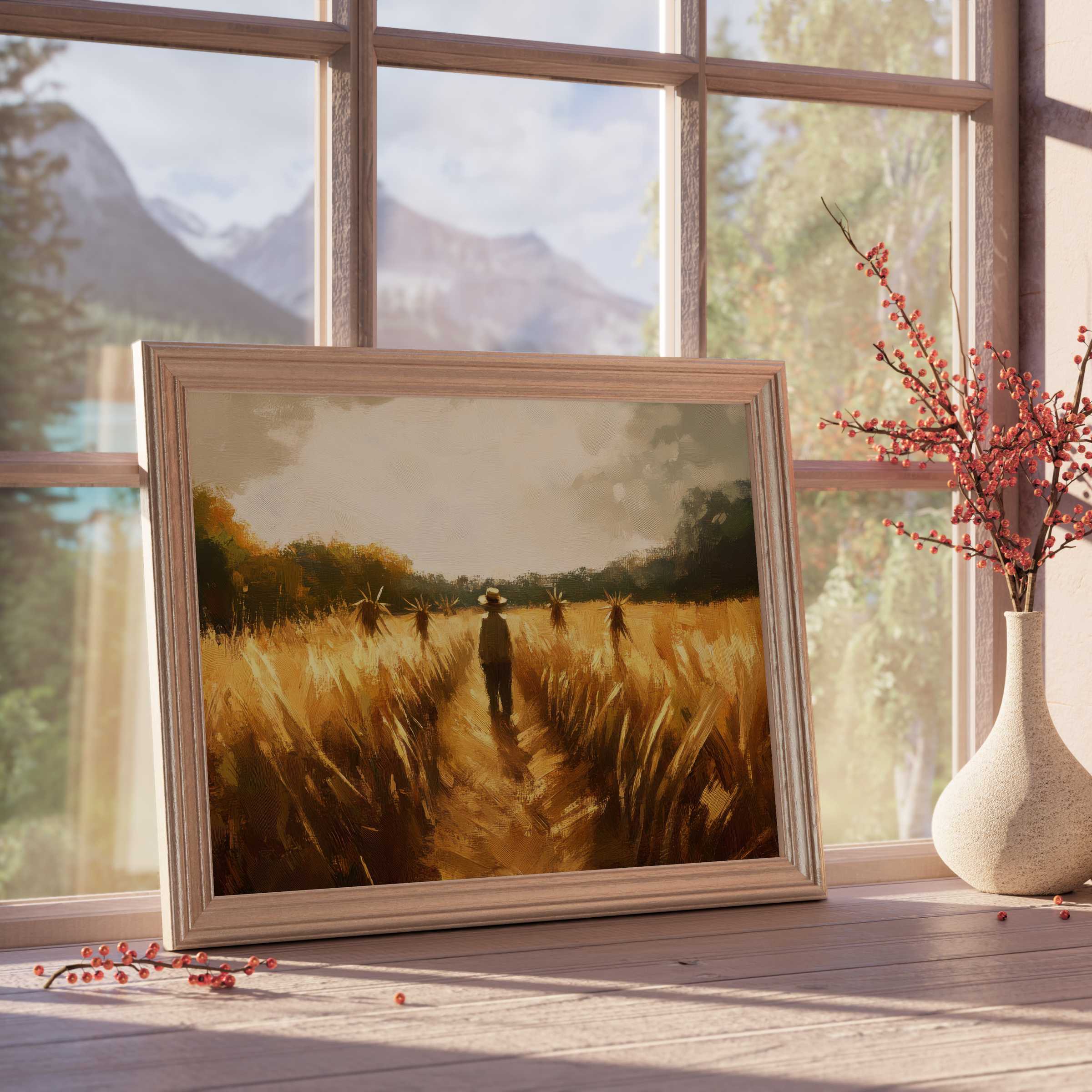 Fall downloadable art capturing serene harvest fields in warm amber tones, perfect for elevating tranquil, curated interiors