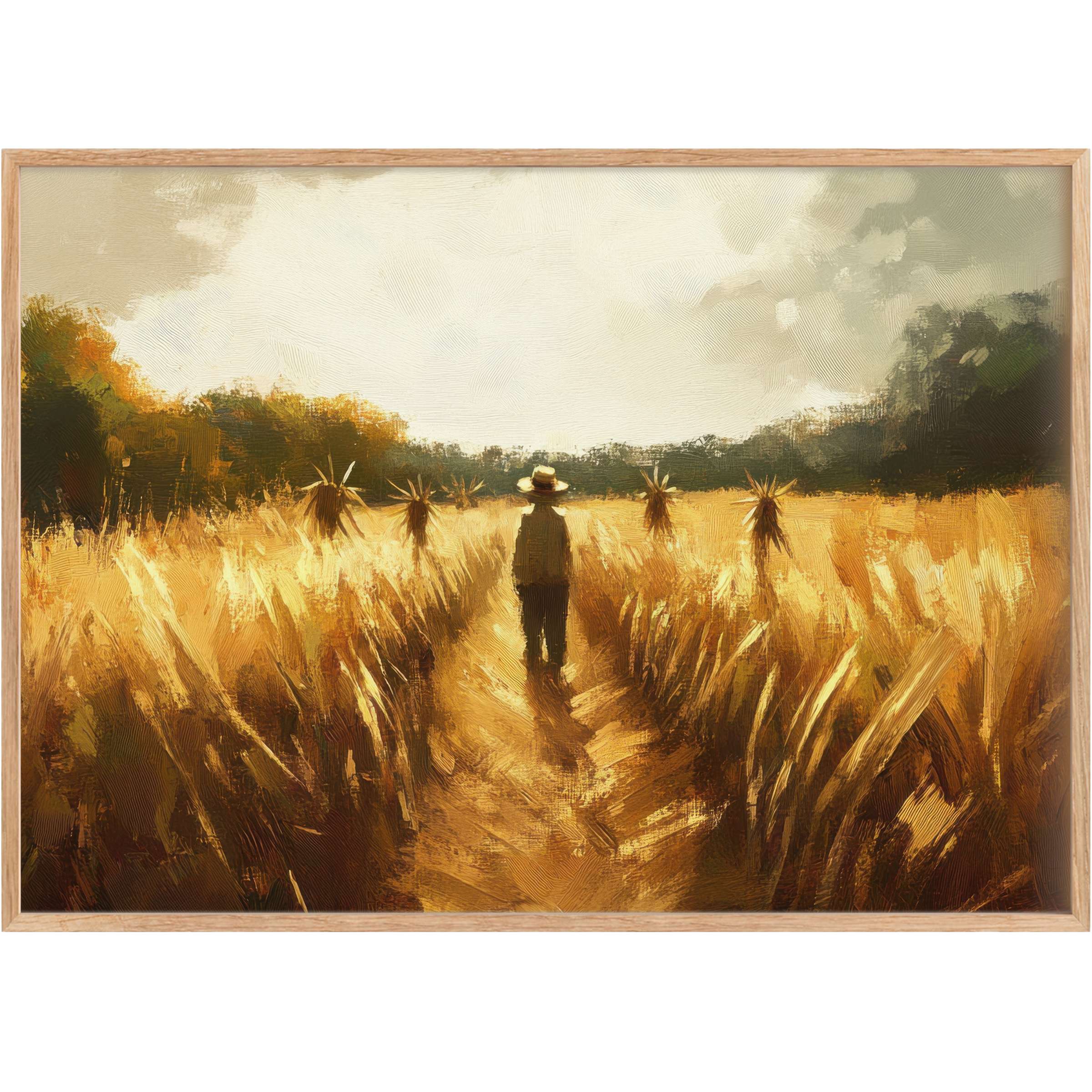 Golden hues and soft shadows bathe a lone figure in a serene field, evoking warmth and calm in fall printable wall art