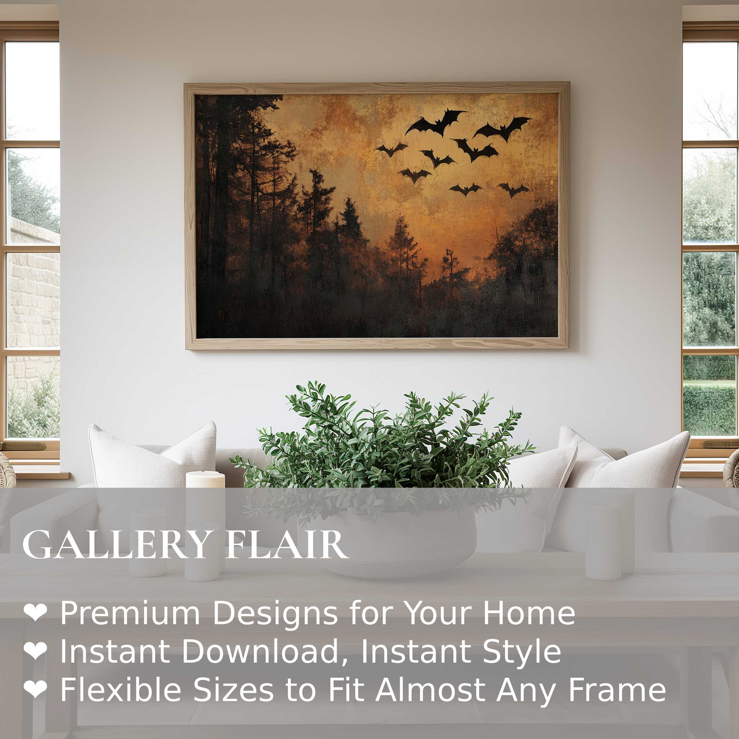 Halloween wall art print featuring a moody forest silhouette and bats in warm amber tones, perfect for modern rustic interiors