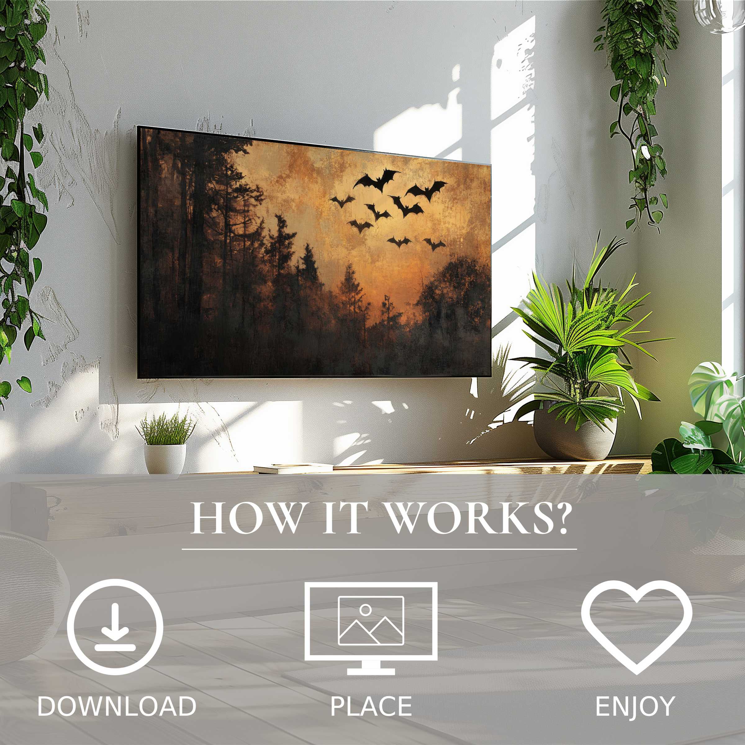 Modern living room with easy digital download; halloween art for Samsung TV shows moody forest and bat silhouettes