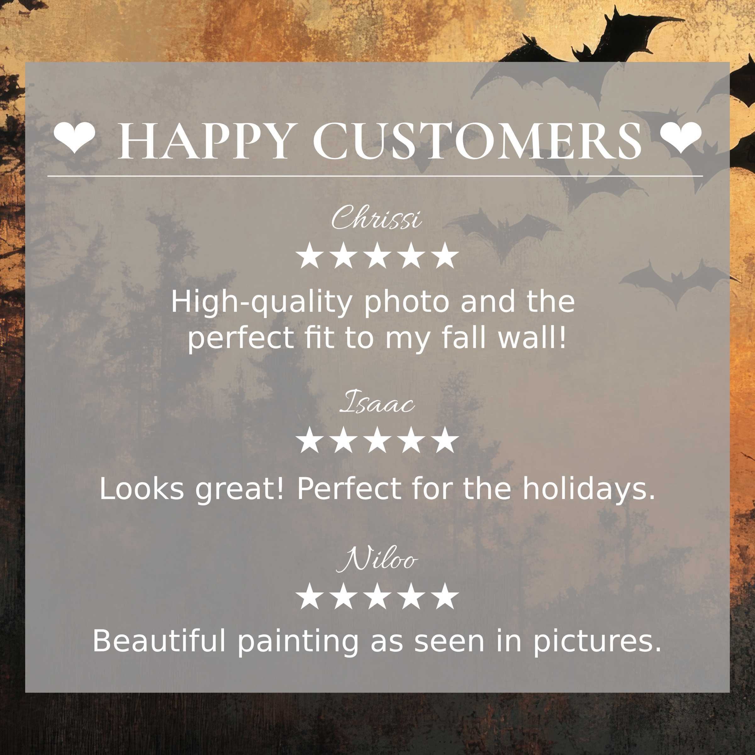 Elegant halloween art for Frame TV with bats over warm, textured tones; happy customer reviews build trust and style appeal