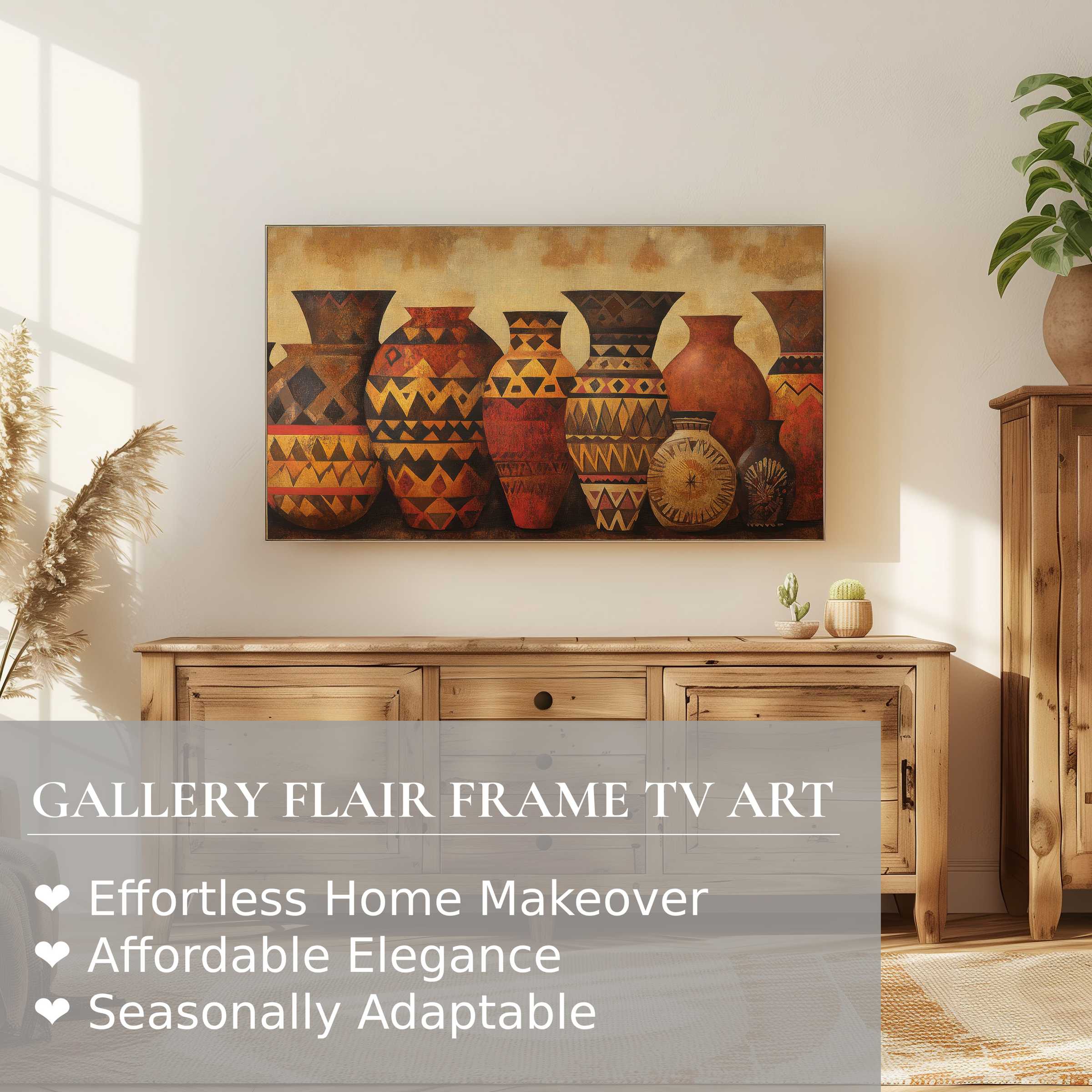 Samsung Frame TV displays warm-toned boho digital artwork of tribal vases in a sunlit, natural wood setting