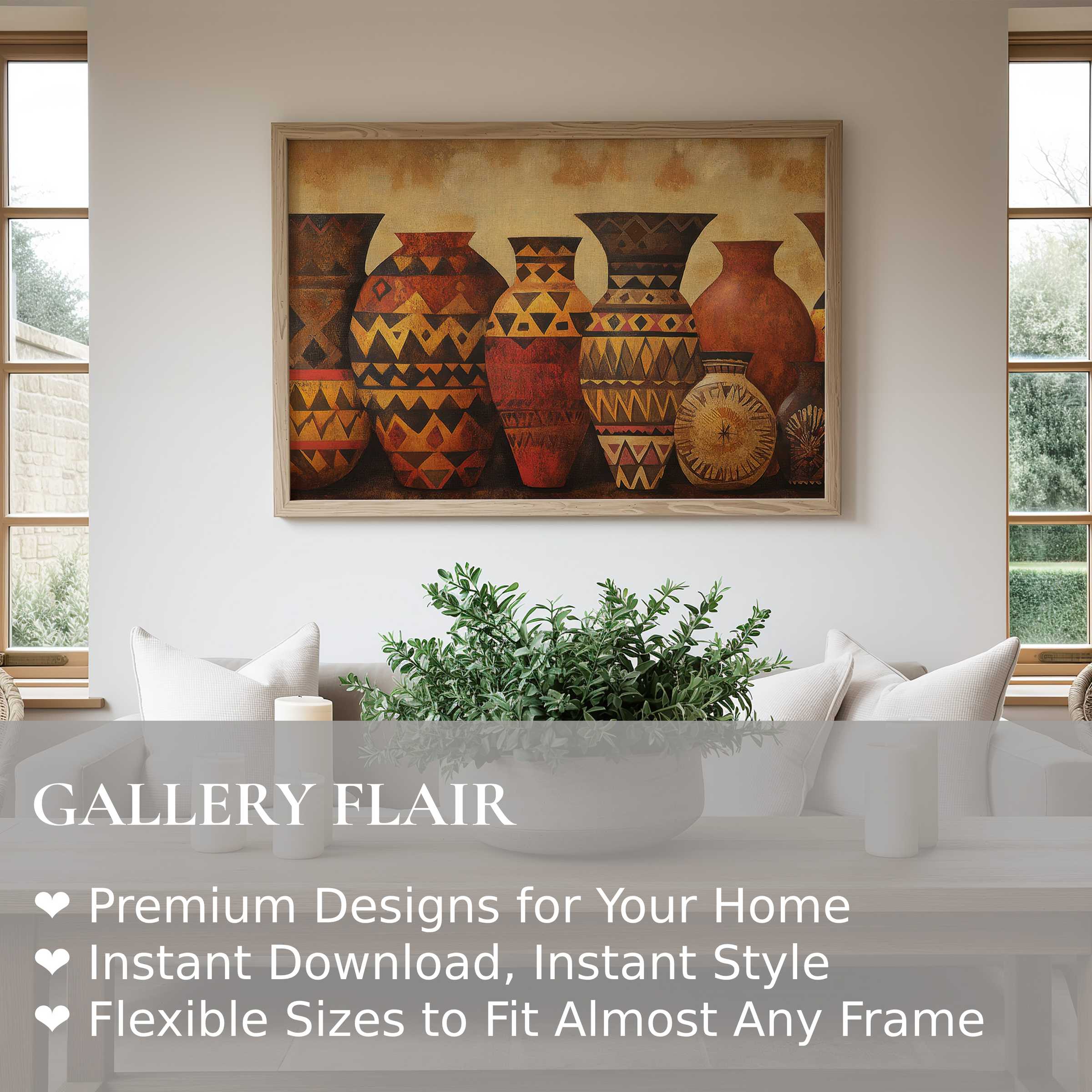 Boho wall art print featuring radiant tribal vases in earthy tones, enriching a modern minimalist living space with warm, cultural elegance