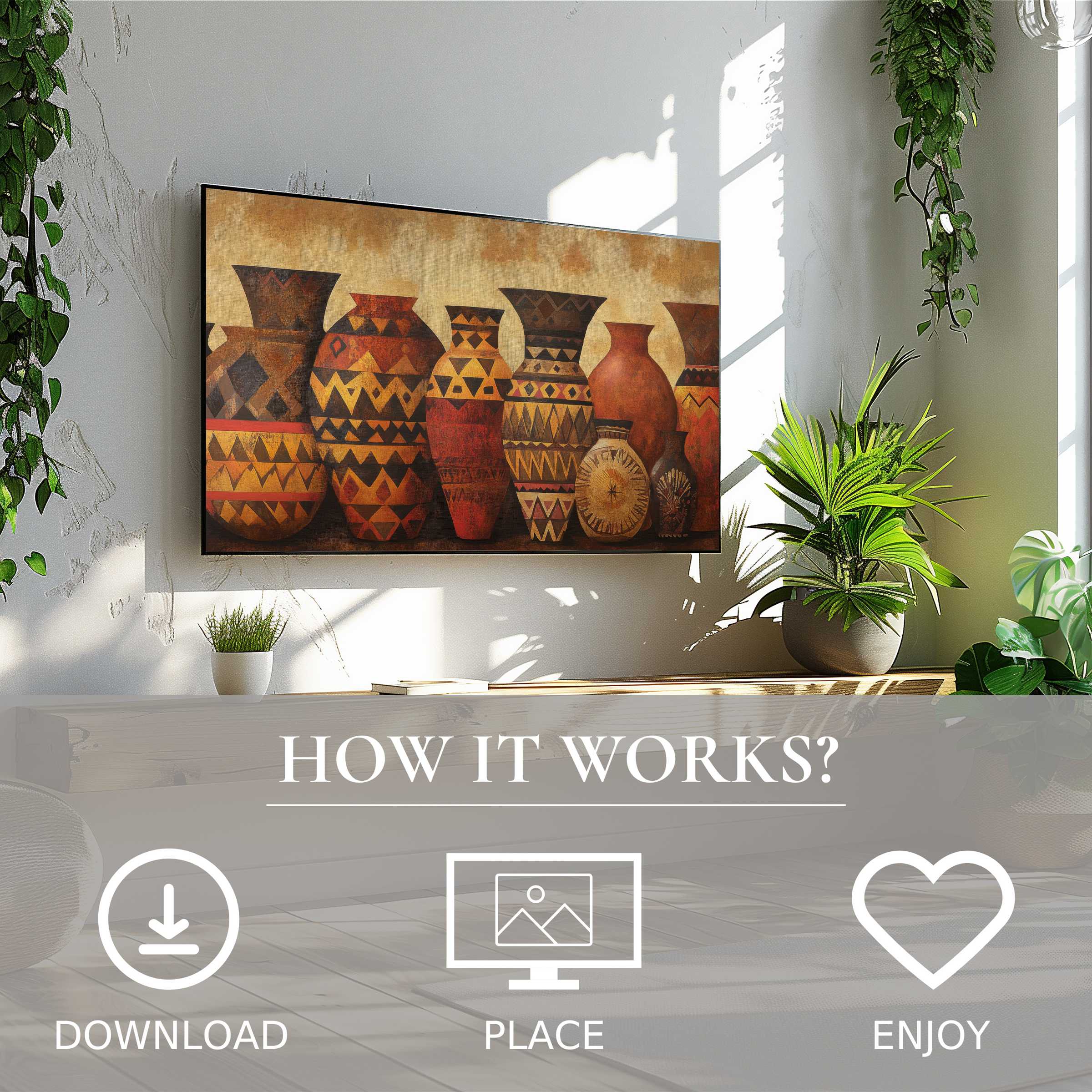 Boho art for Samsung TV, warm terracotta pottery motif, easy digital download enriches modern living spaces