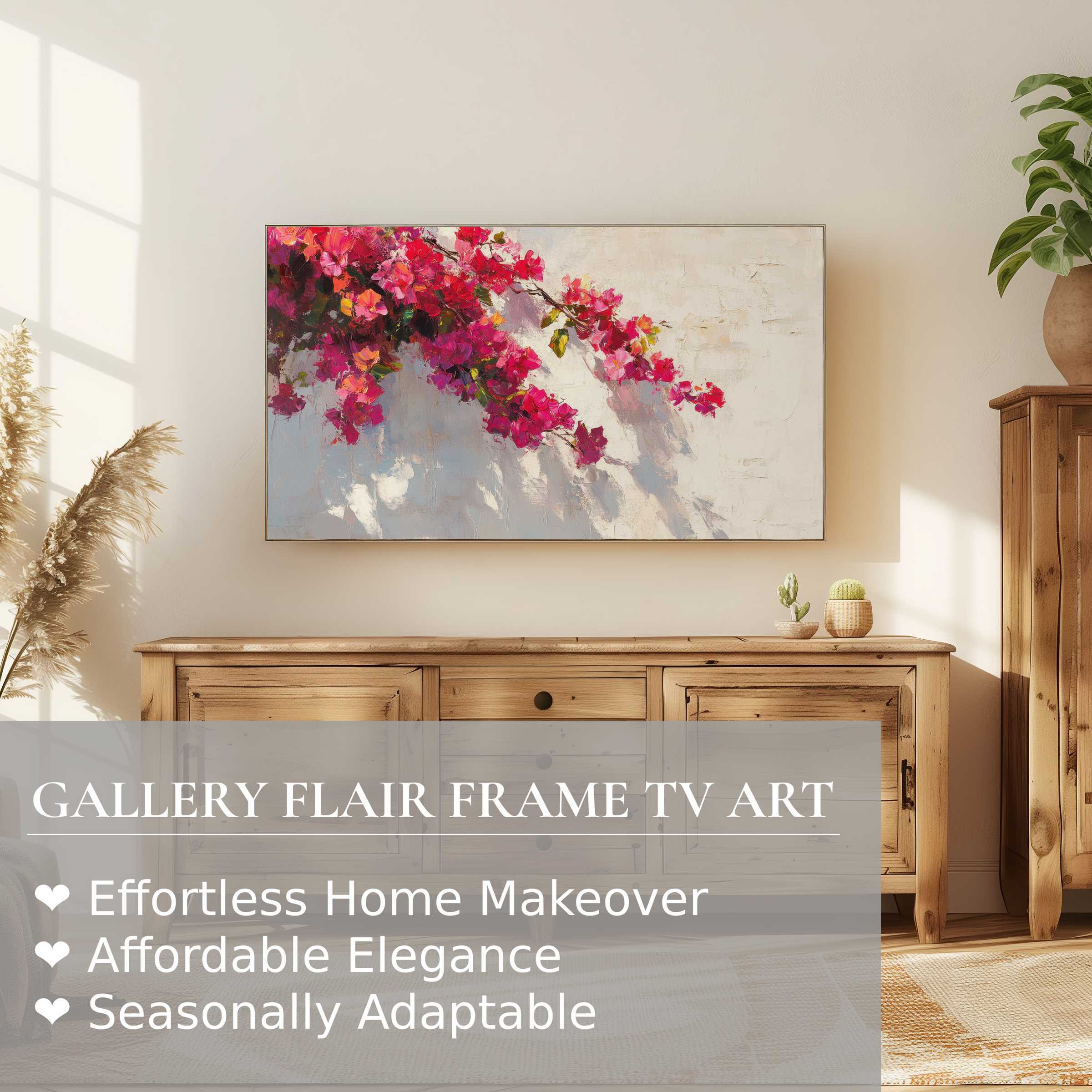 Samsung Frame TV displaying vibrant botanical digital artwork in a minimalist, sunlit living room setting
