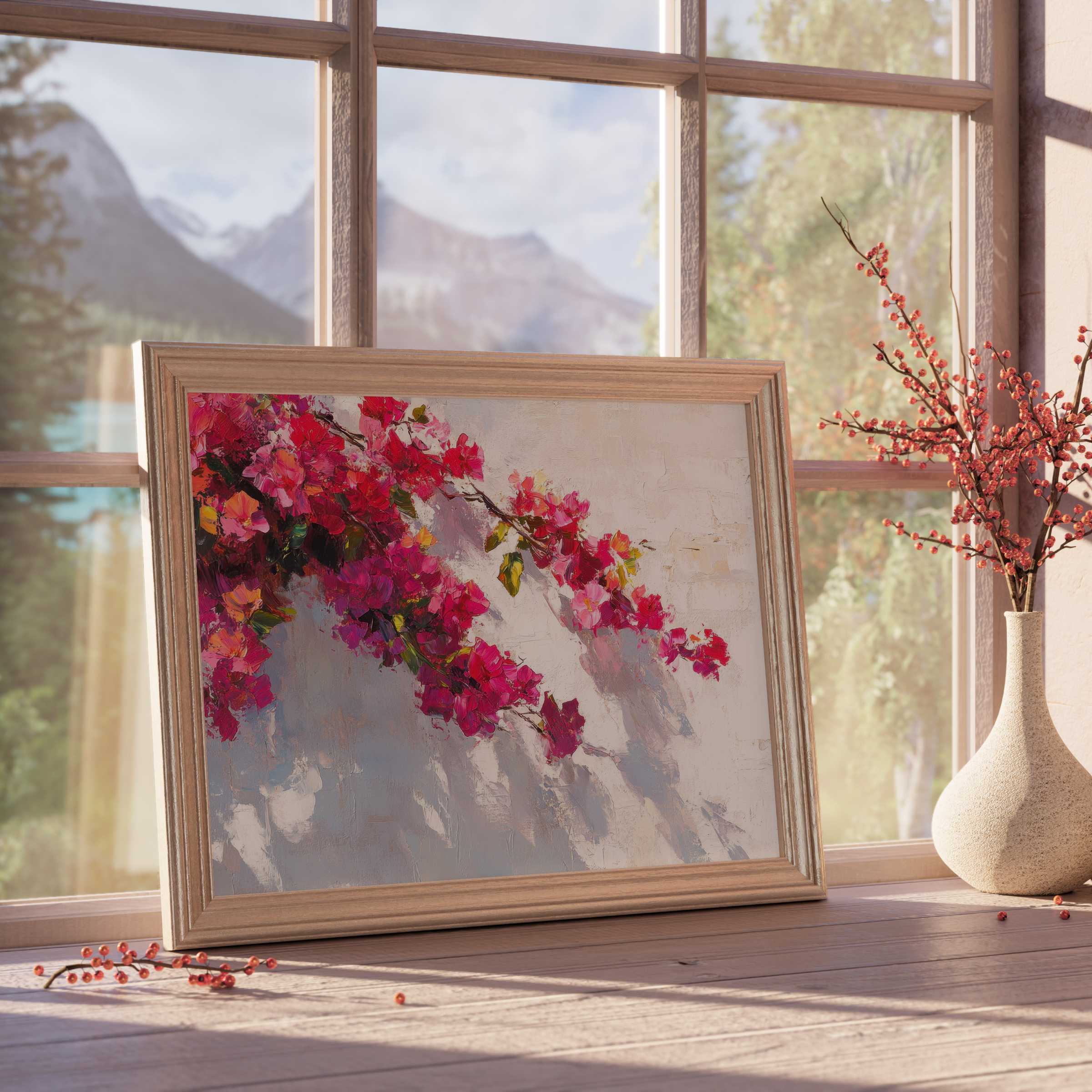 Botanical downloadable art with vibrant pink blossoms, elevating calm, curated interiors with timeless floral elegance