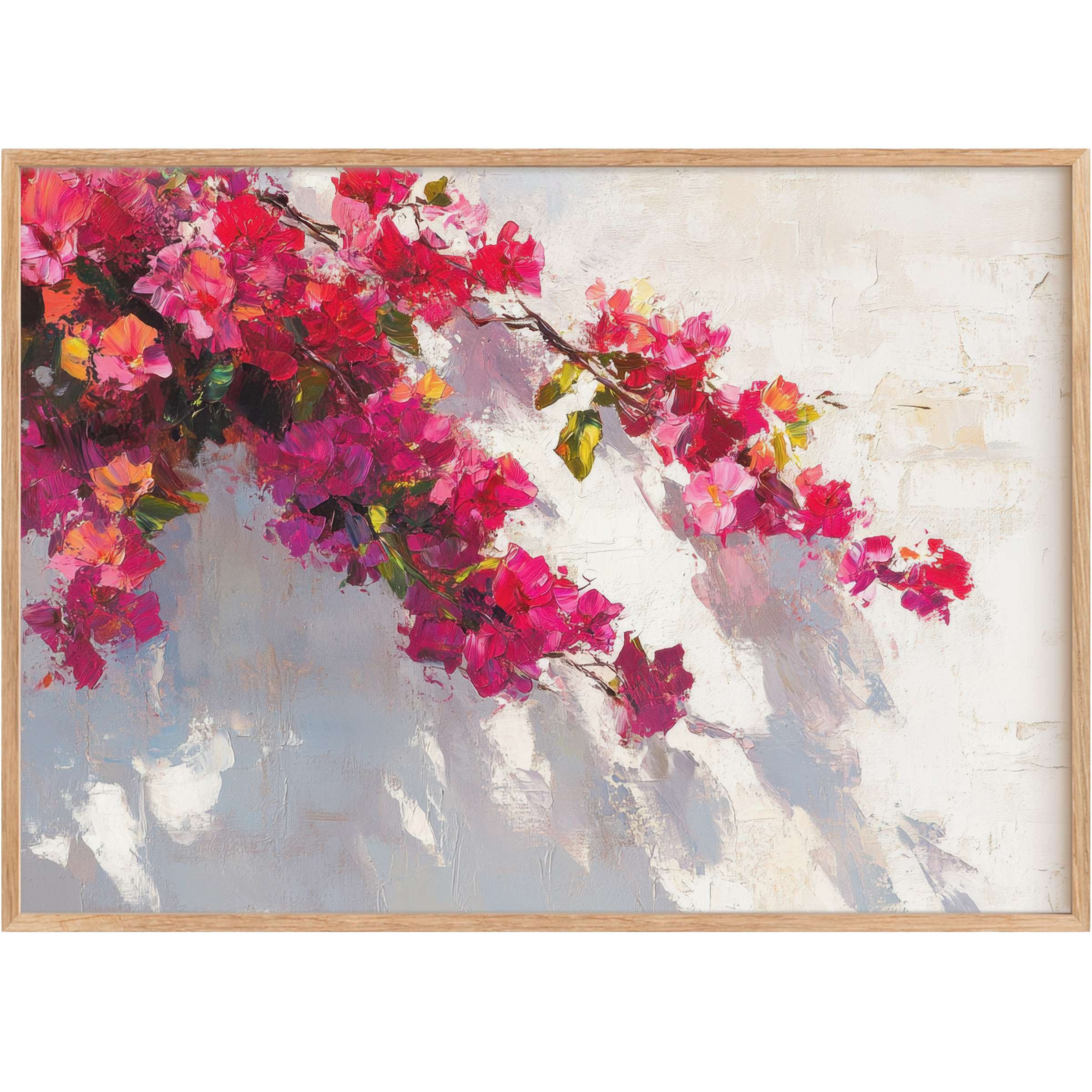 Botanical printable wall art with vibrant fuchsia blooms and soft gray hues, evoking a radiant, uplifting ambiance