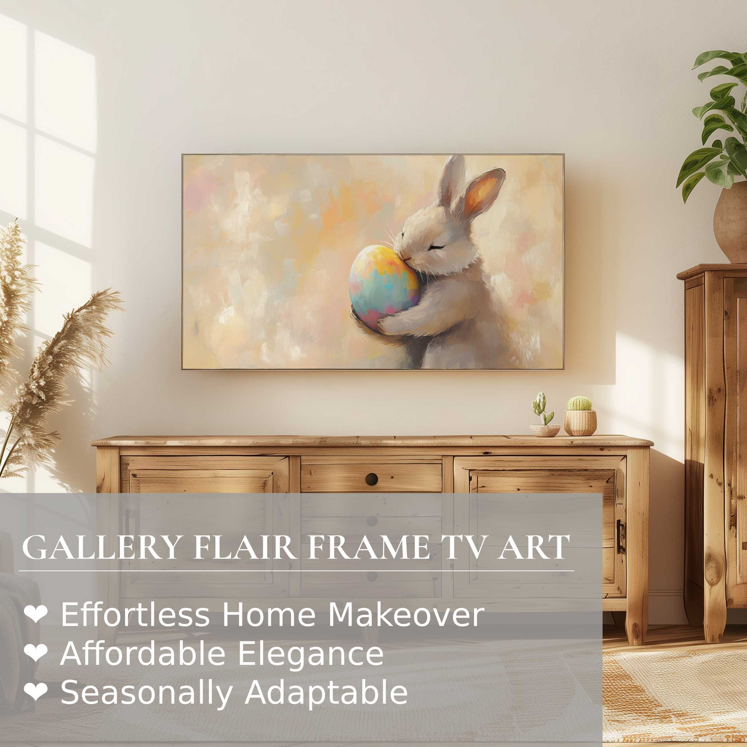 Samsung Frame TV displays elegant easter digital artwork of a soft bunny with pastel egg in a warm, modern setting