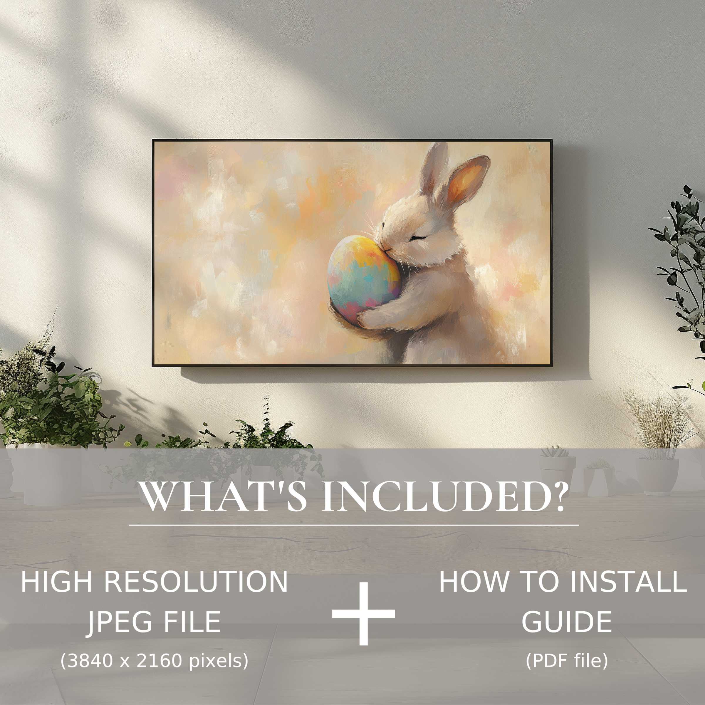 Elegant living room with easter digital TV art download; easy use enhances space with charming bunny artwork