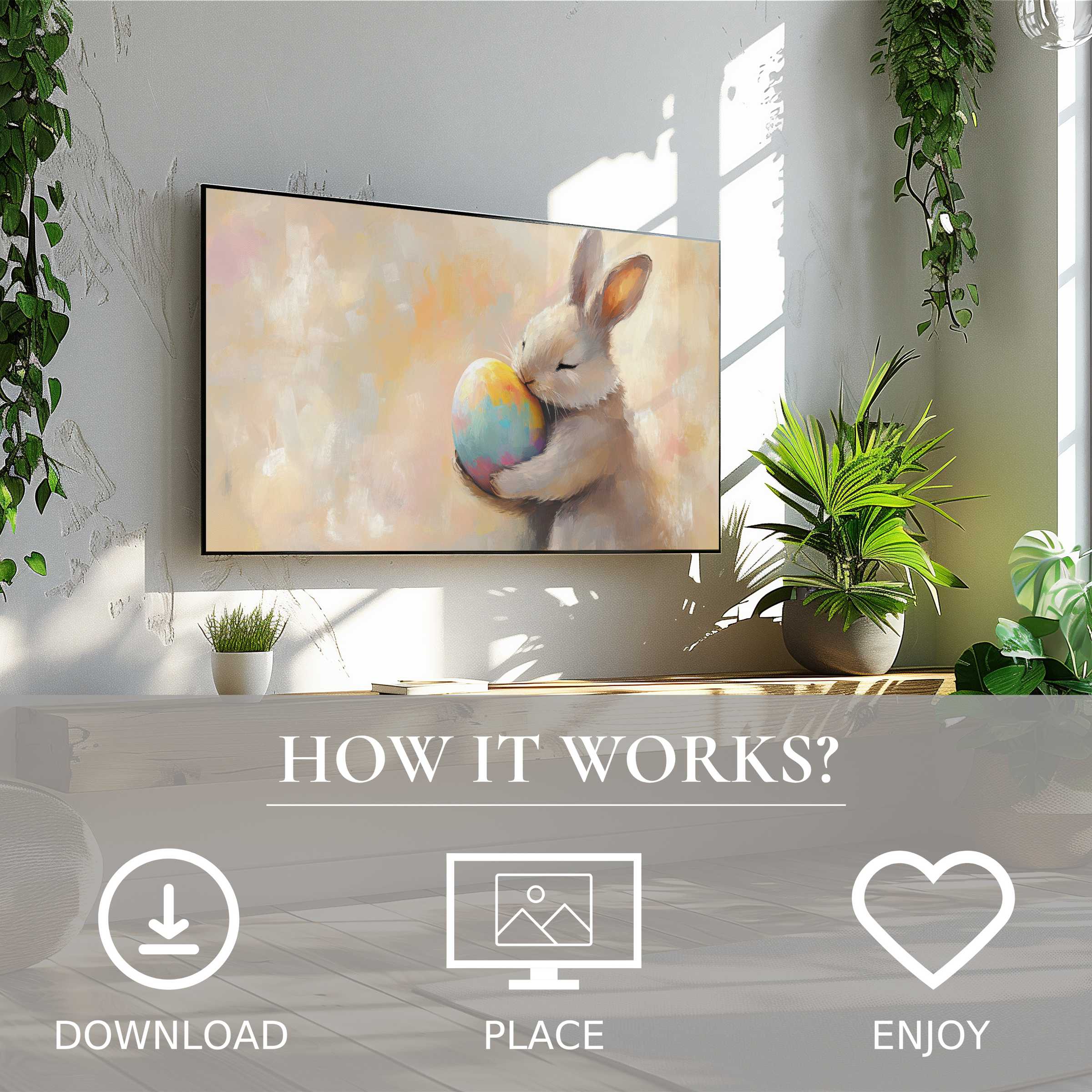 Modern living room with easter art for Samsung TV showing soft pastel bunny and egg; easy digital download enriches space