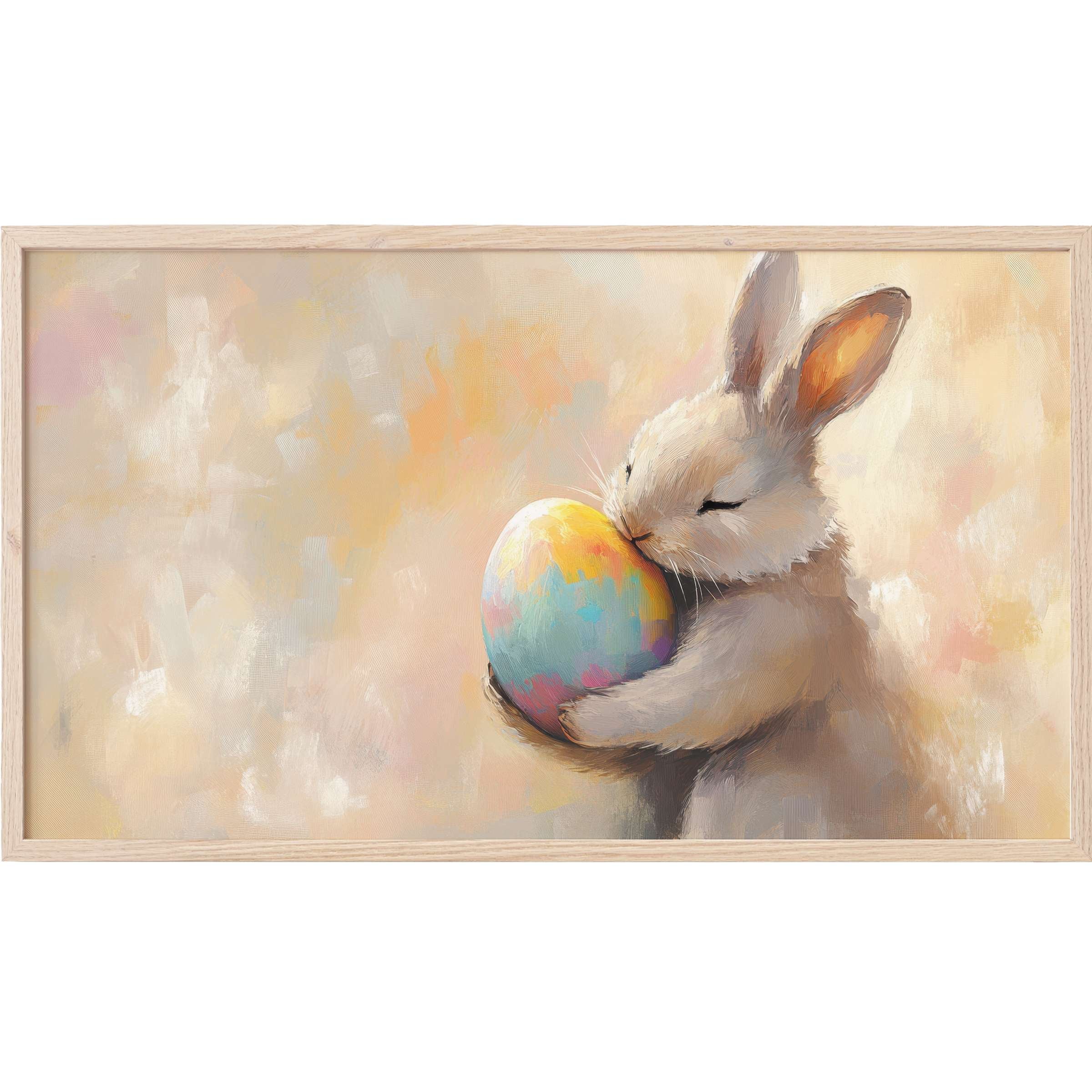 Soft pastel hues depict a tender bunny embracing a vibrant egg in this elegant easter Frame TV Art