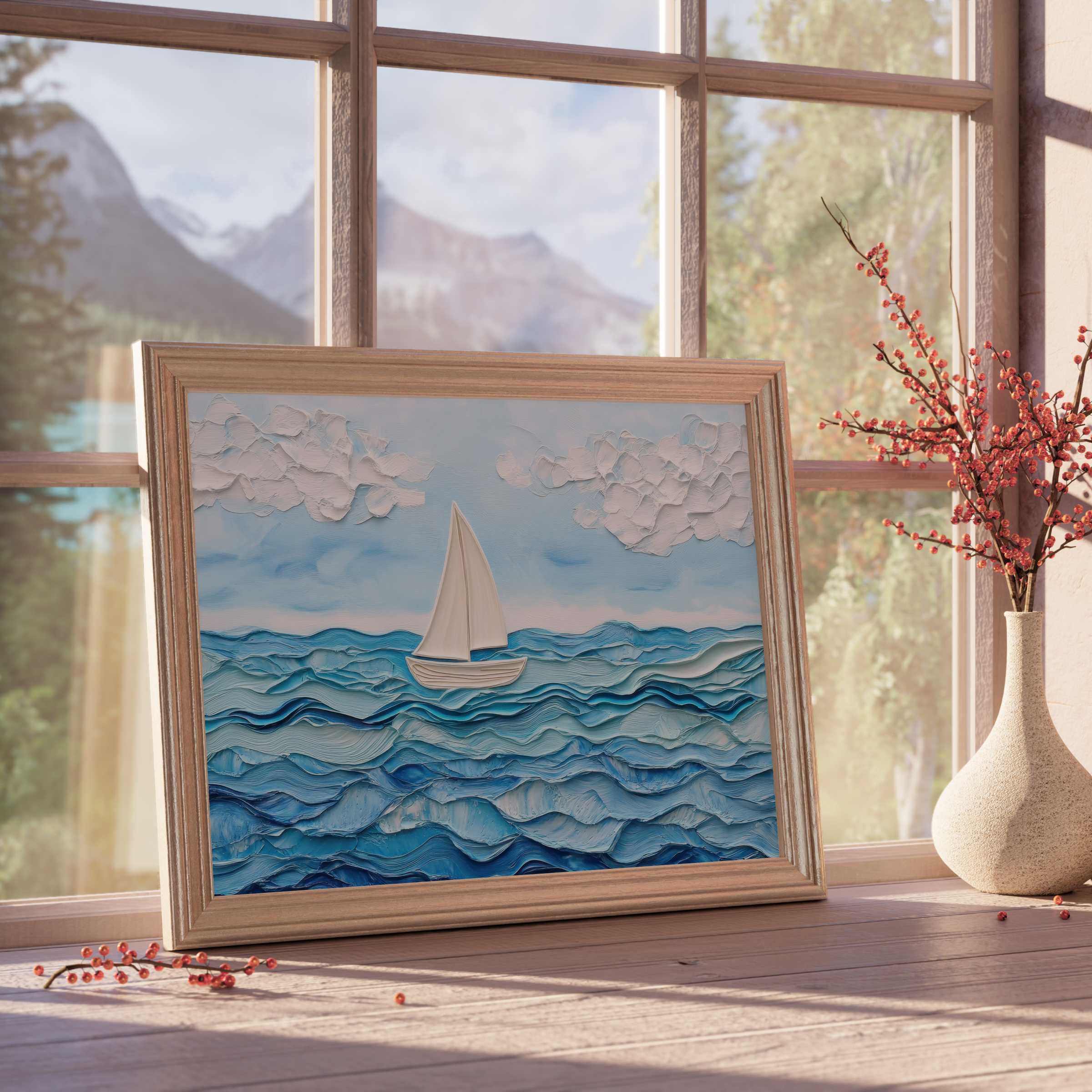 Serene nursery downloadable art featuring textured sailboat and ocean waves, enriching tranquil, curated kids' room decor