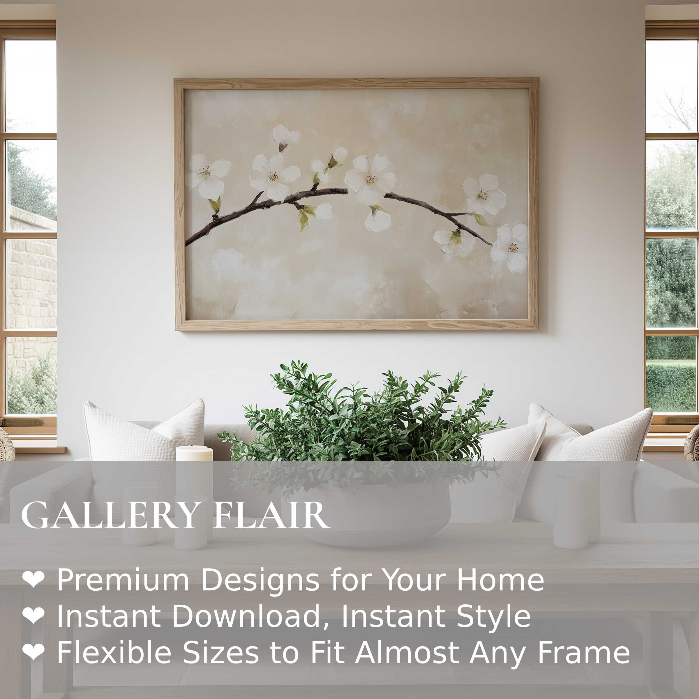 Spring wall art print featuring delicate white blossoms on a soft beige backdrop, radiating calm elegance in a minimalist, modern living space