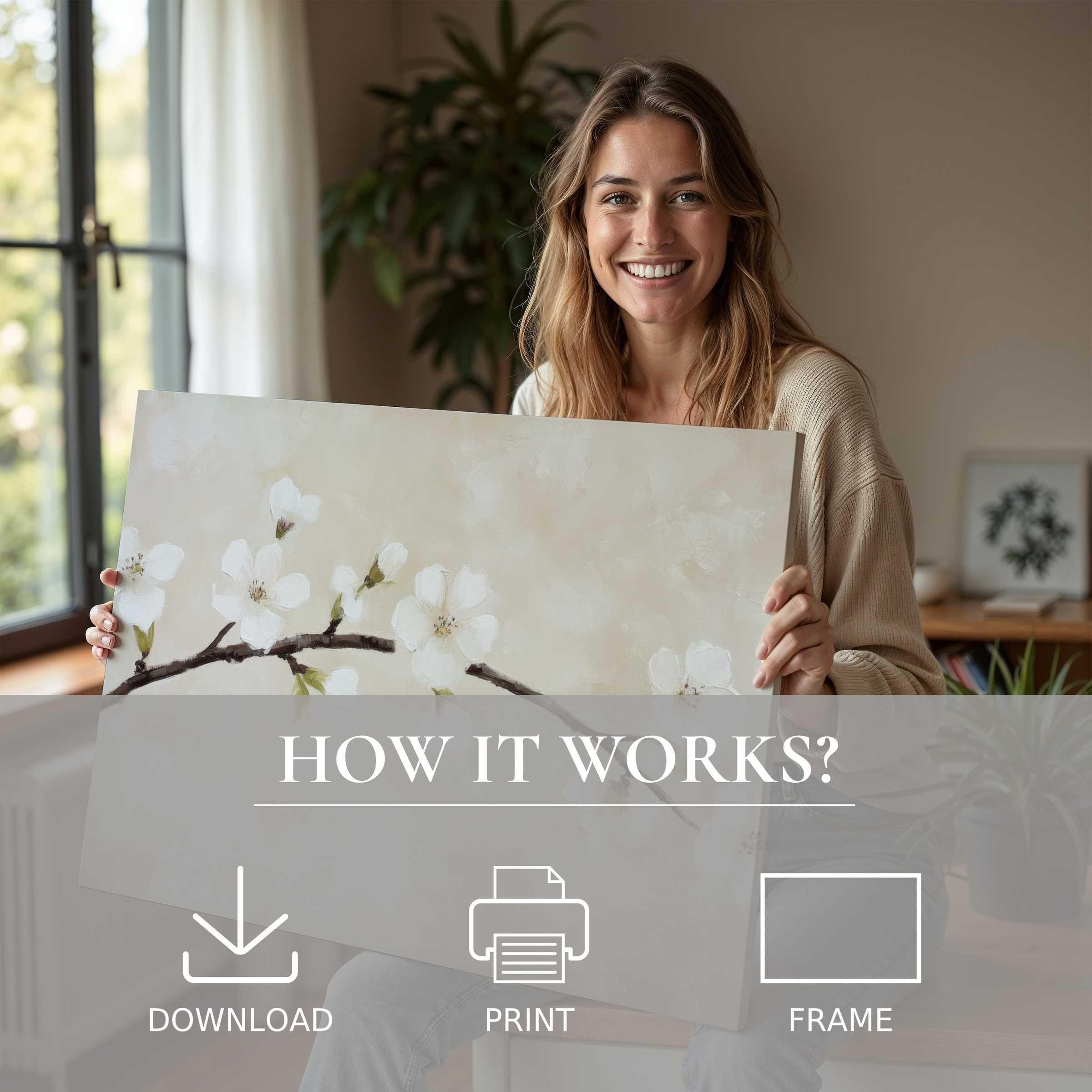Elegant spring digital art print evokes serene connection and joy in a modern home, blending nature’s grace with effortless style