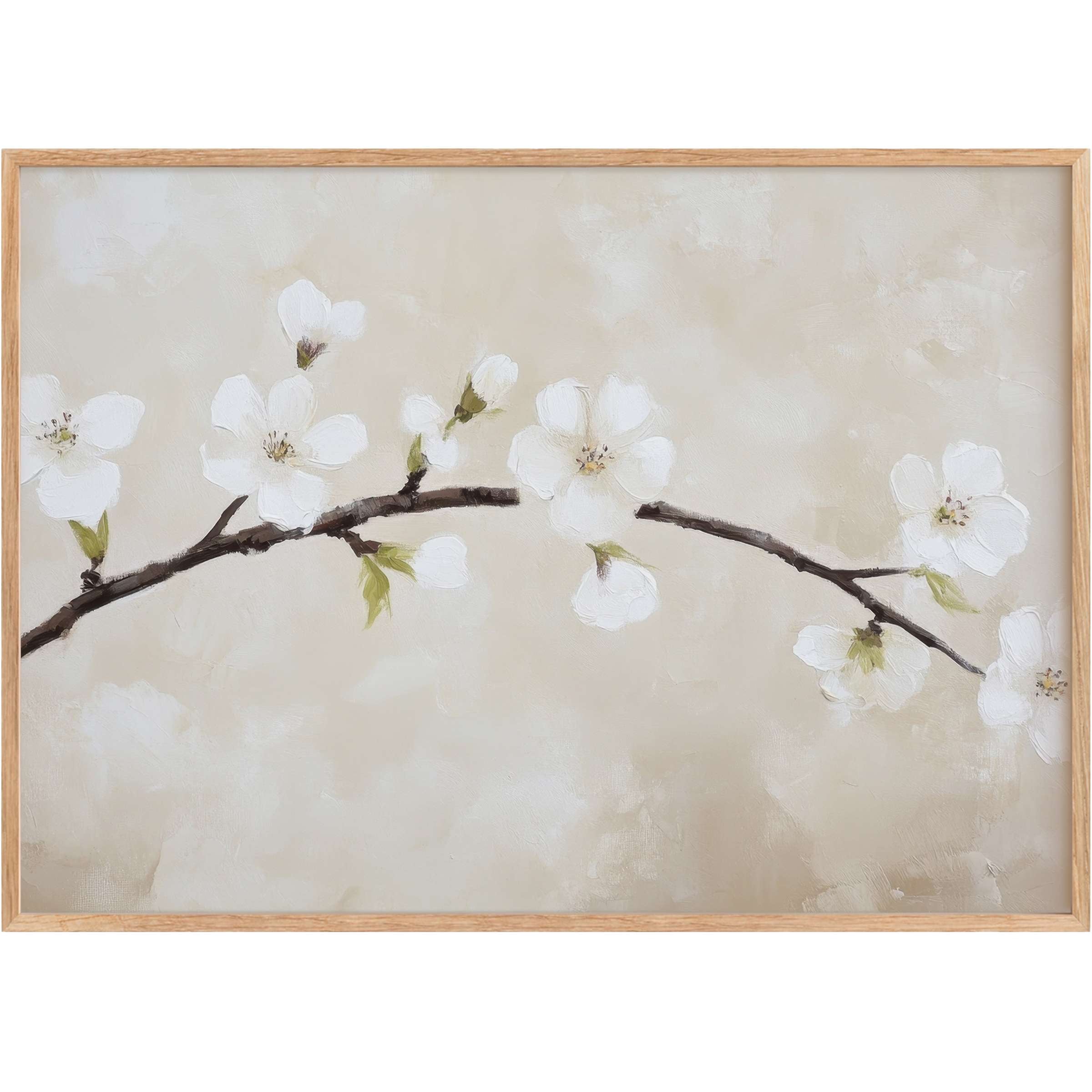 Elegant spring printable wall art featuring delicate white blossoms on soft beige-infusing interiors with a serene, refreshing calm