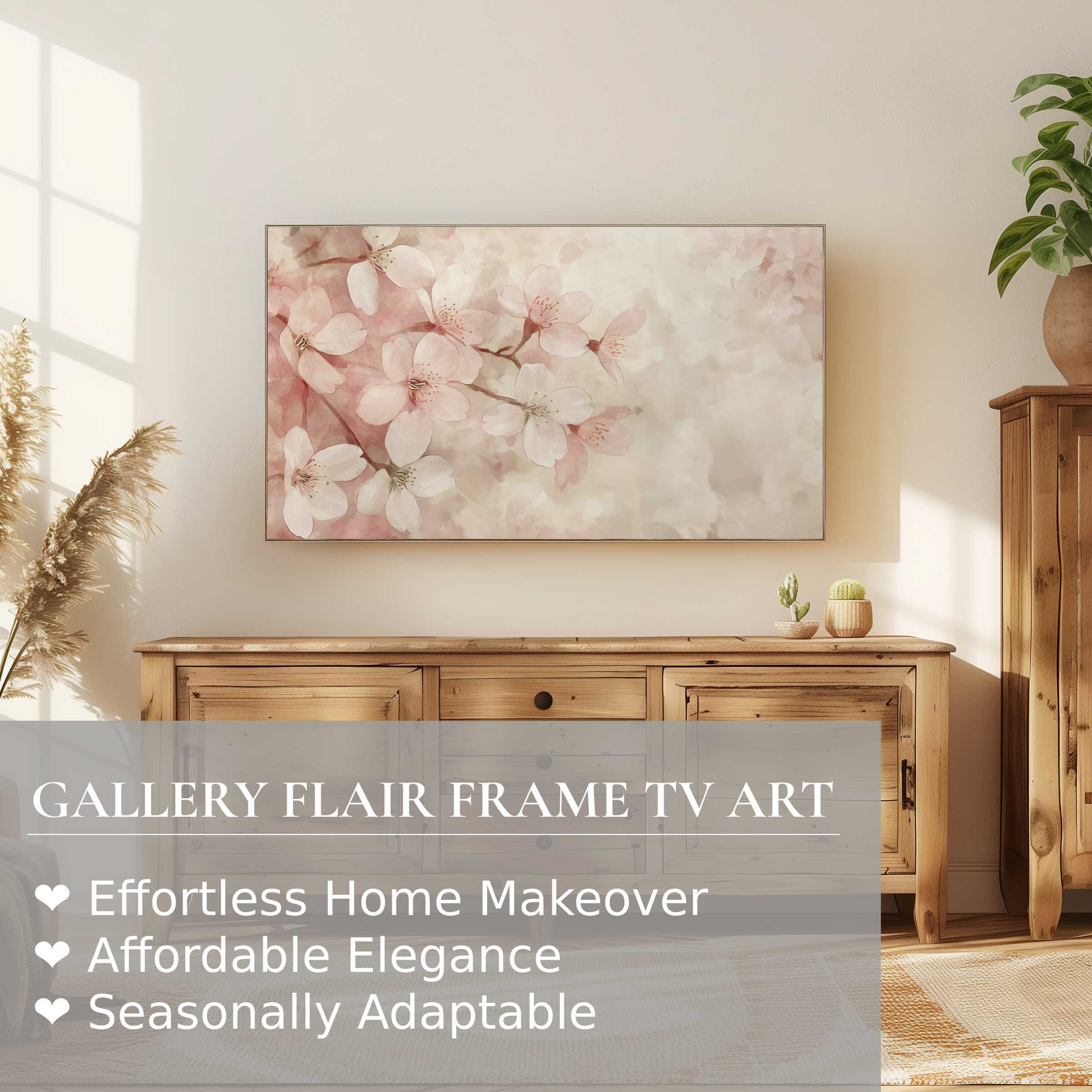 Samsung Frame TV displays subtle floral digital artwork in a serene, modern room with warm wood accents