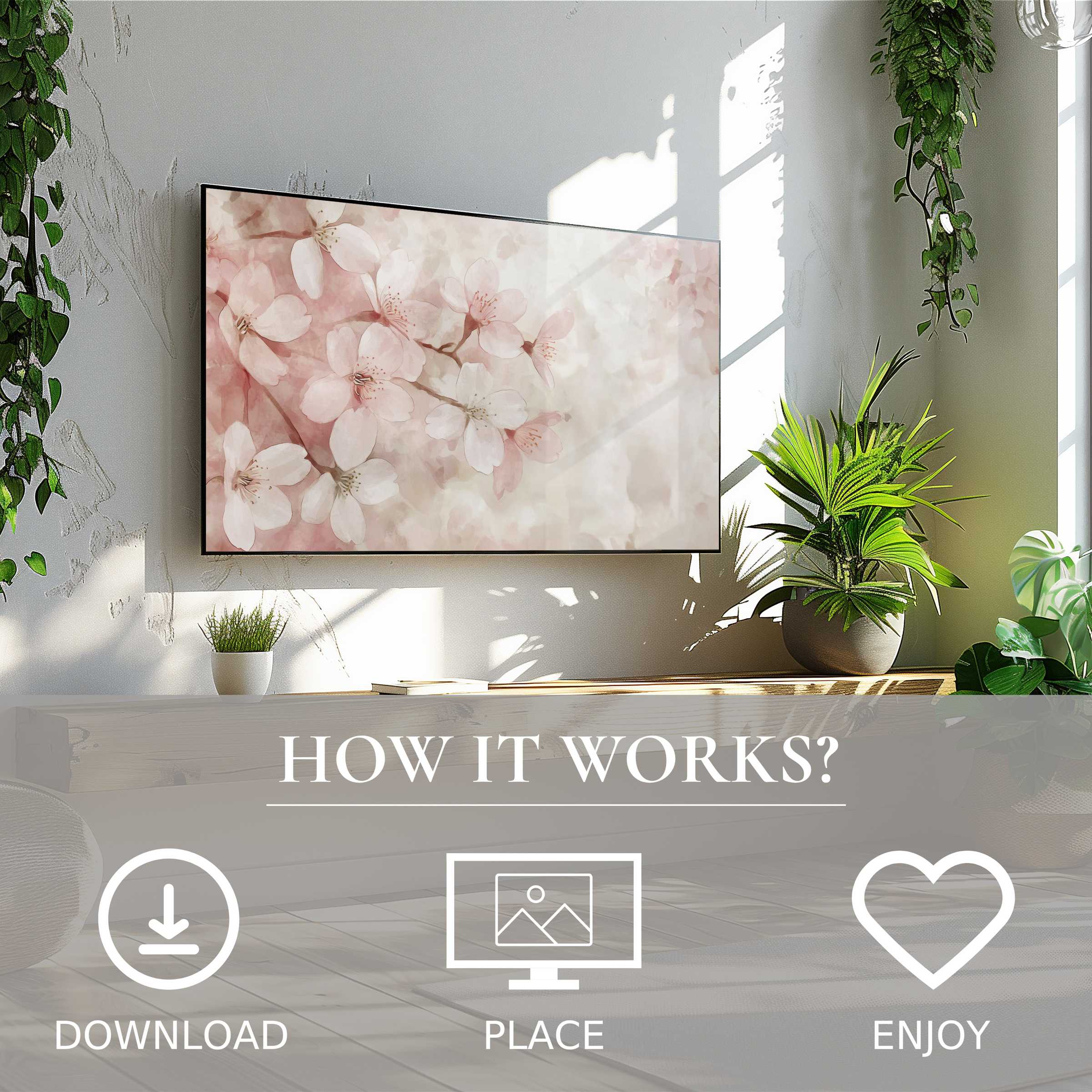 Floral art for Samsung TV in a bright room, soft pink blossoms motif, easy digital download enriches living space