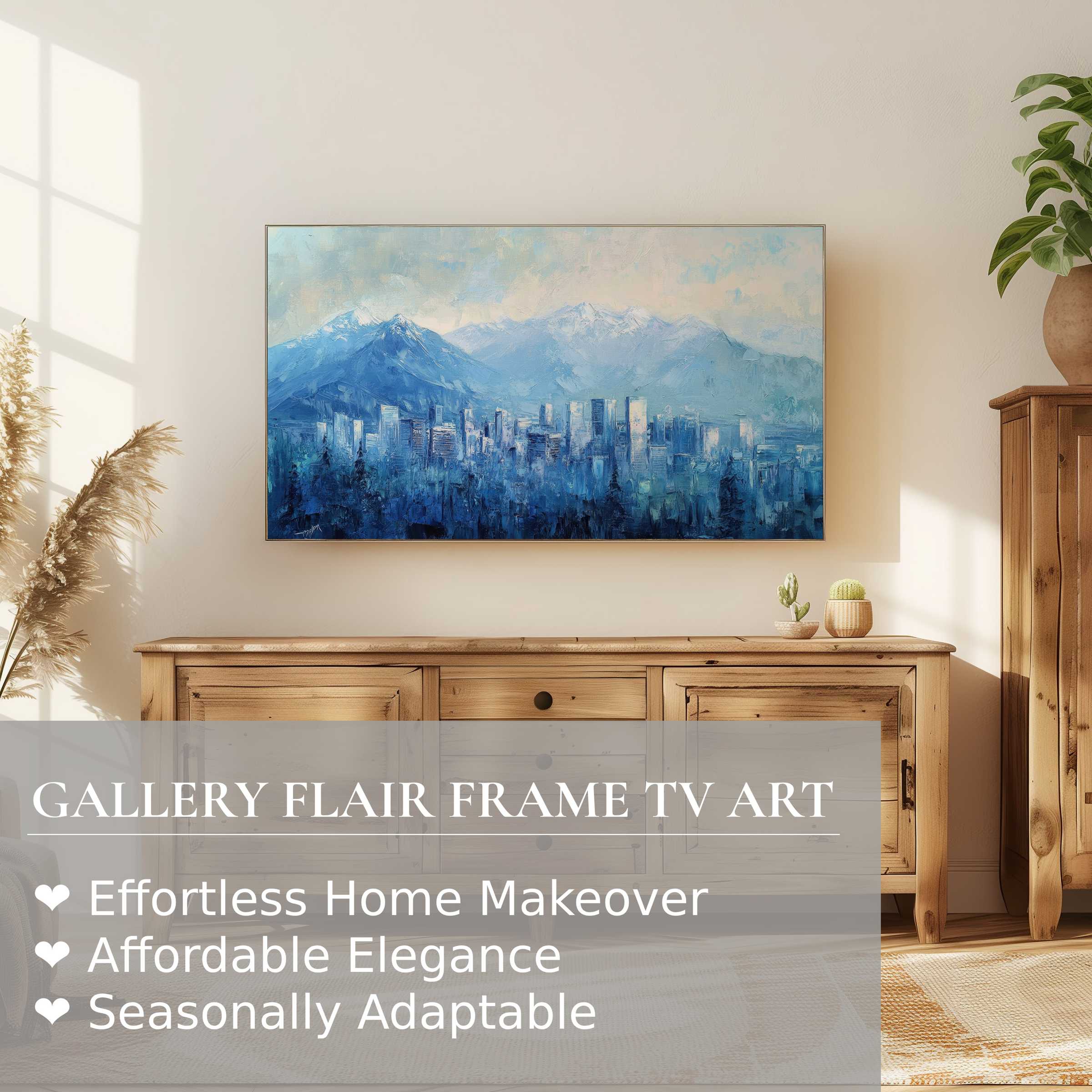 Samsung Frame TV showcasing serene urban digital artwork in a modern, refined living room with warm natural accents