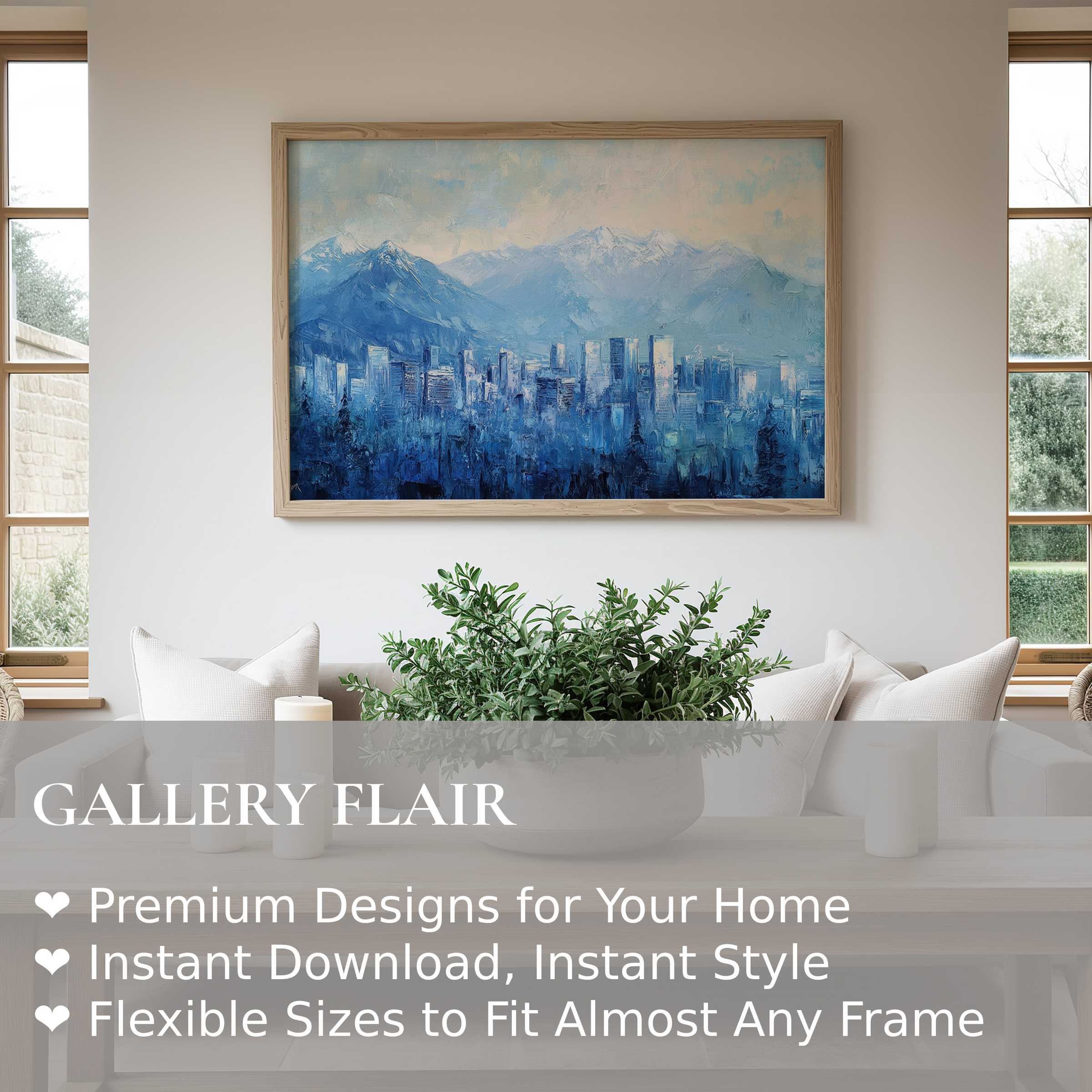Serene urban art wall art print featuring a misty city skyline against majestic mountains, enhancing modern minimalist spaces with calming elegance