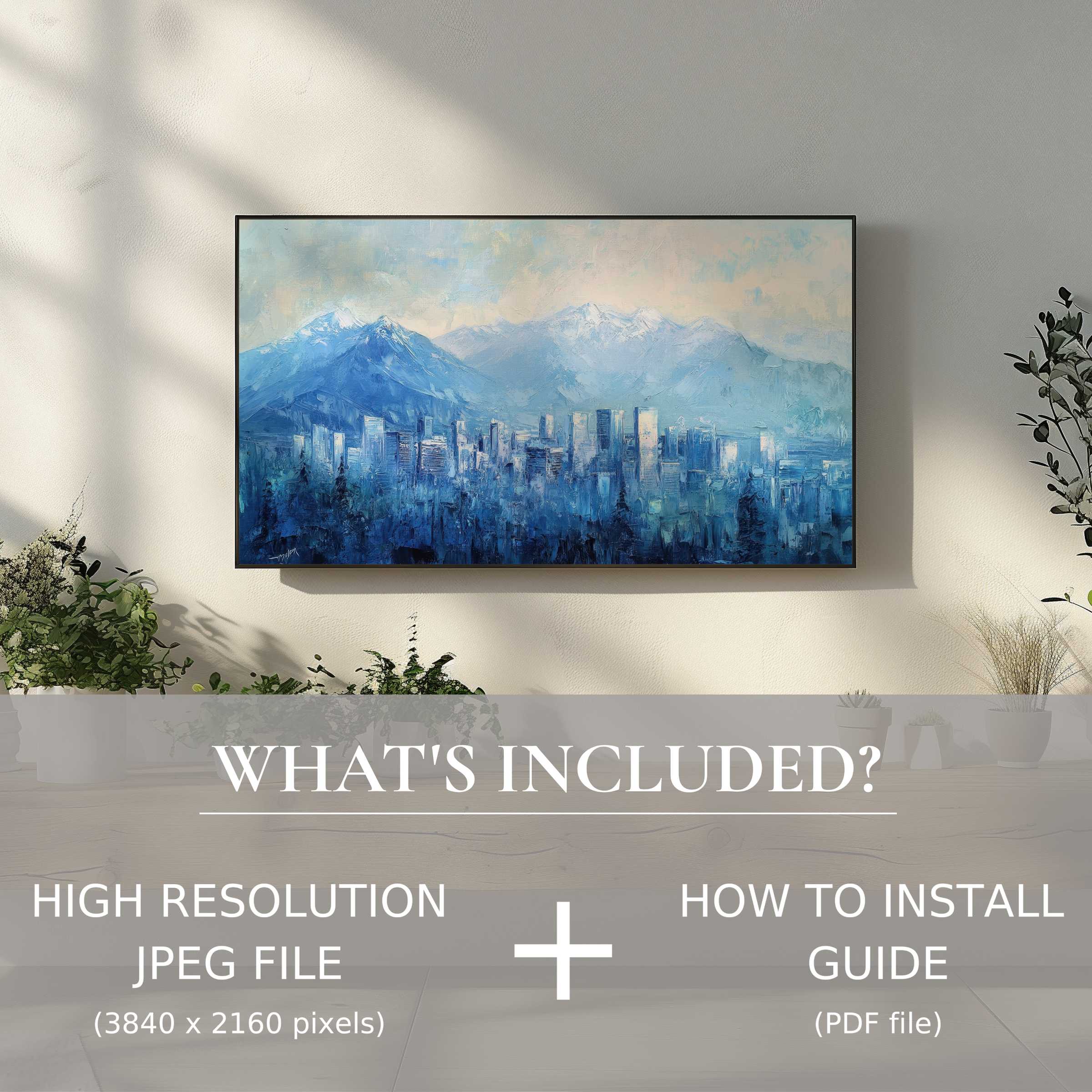 Urban digital TV art download showcasing serene cityscape art, easily enhancing modern living spaces with digital ease