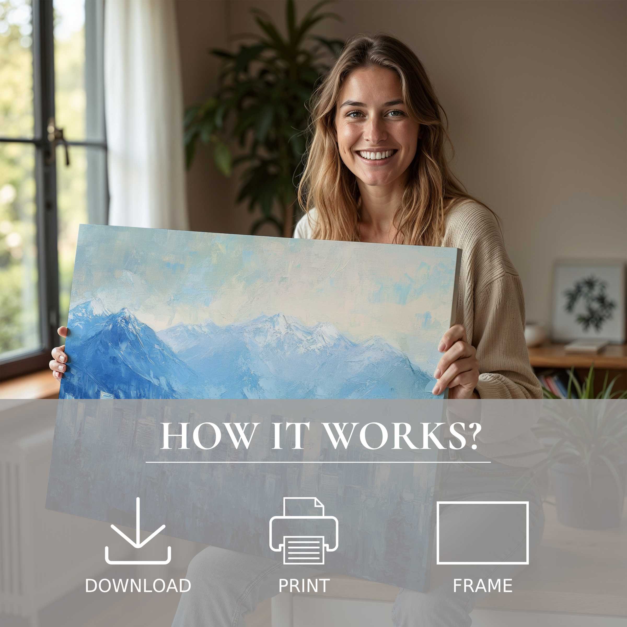 Radiant joy in a modern home as an urban digital art print in soft blues transforms space with serene, effortless elegance